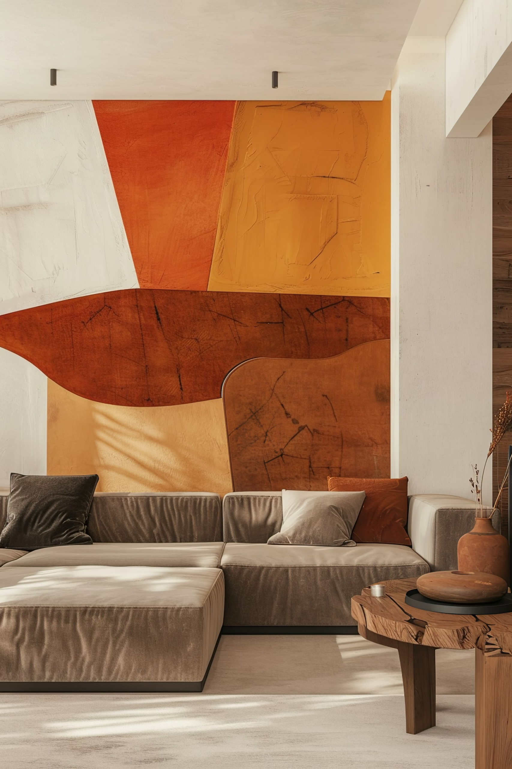 A stylish modern living room with large abstract wall art in warm tones, a plush sectional sofa, and a wooden coffee table.