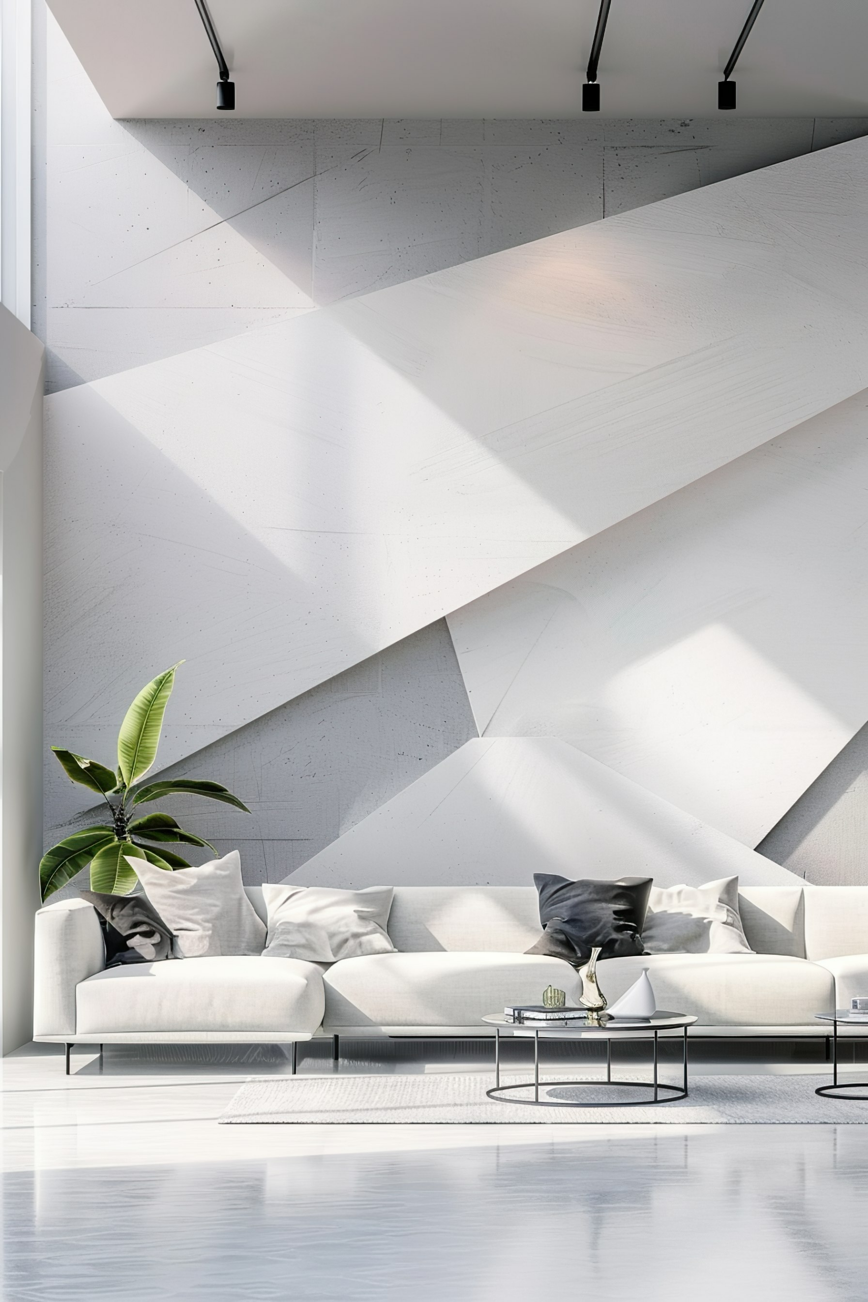 Modern minimalist living room with a geometric wall design, white sofa, glass coffee tables, and a potted plant.