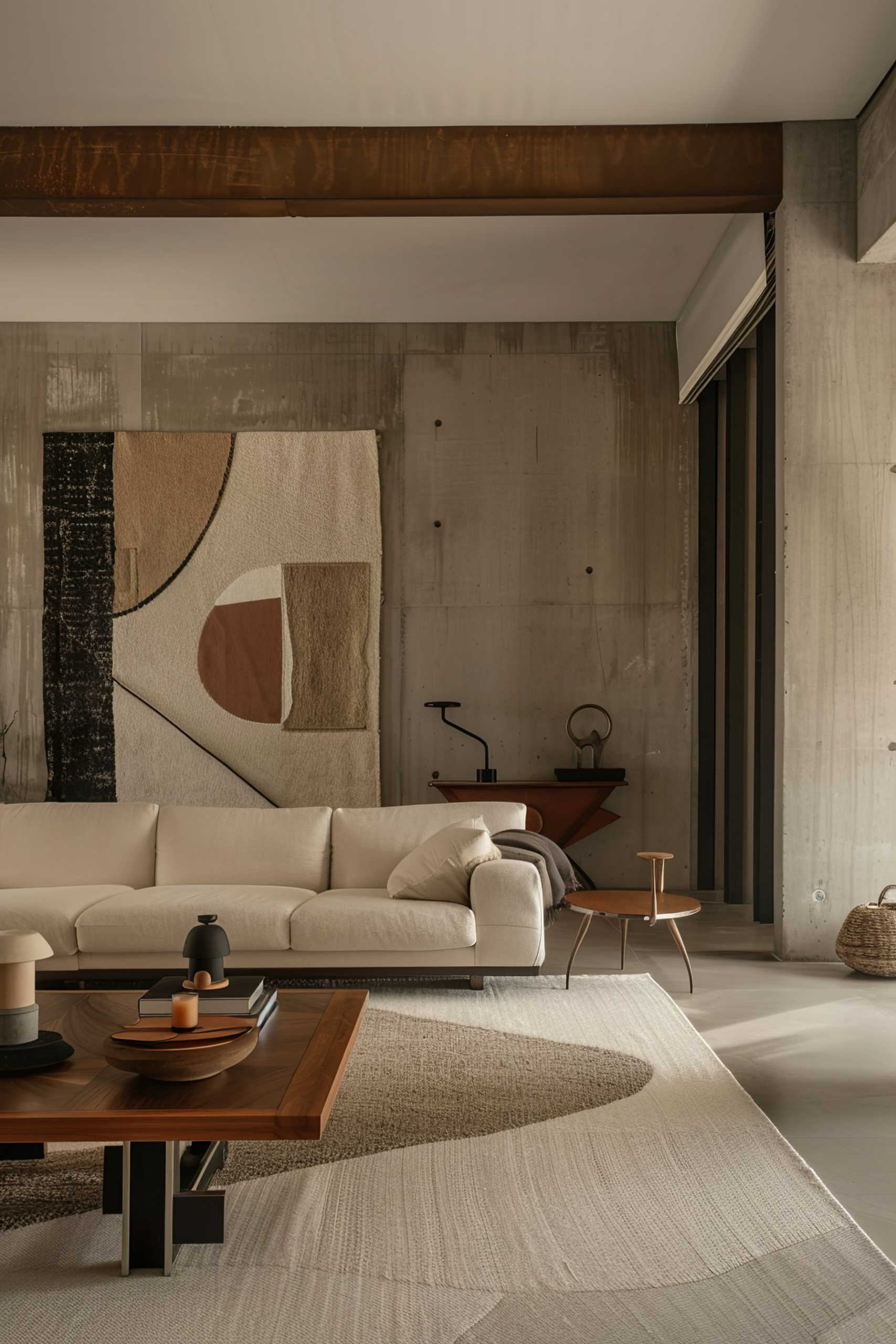 Modern living room with a beige sofa, abstract wall art, wood and metal coffee table, textured rug, and exposed concrete walls.