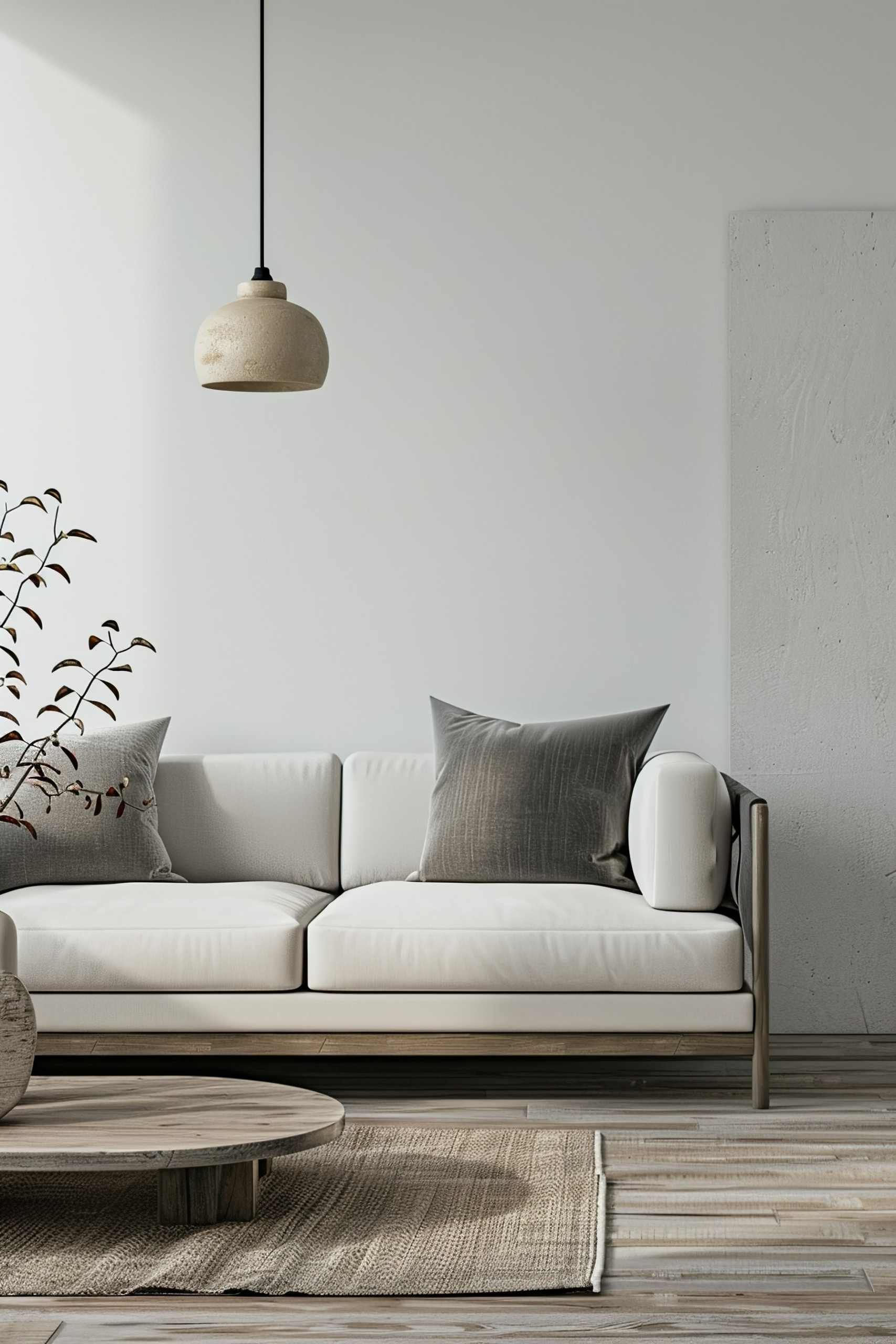 A modern minimalist living room with a white sofa, gray pillows, pendant light, a wooden round coffee table, and a jute rug.