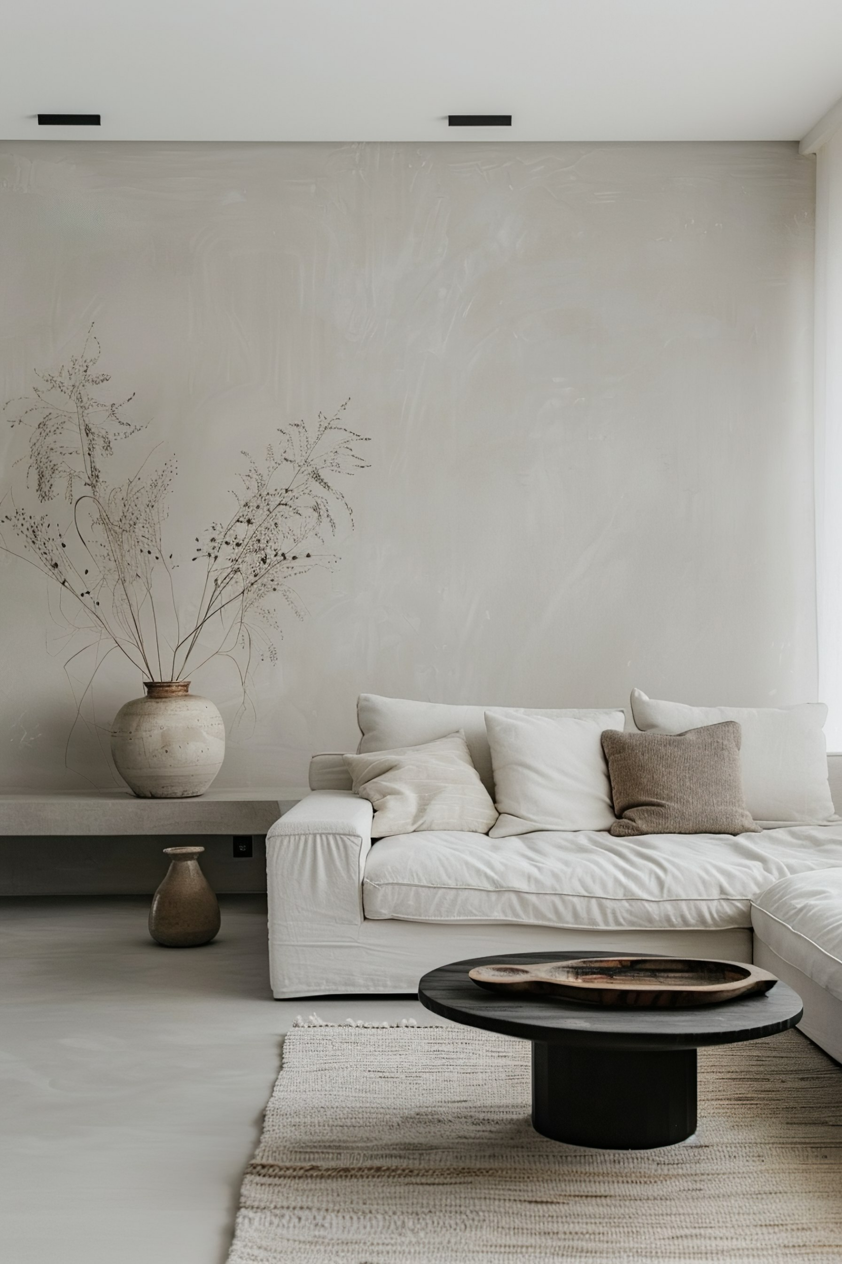 A minimalist living room with a white couch, textured rug, round black coffee table, and a large vase with dried plants.