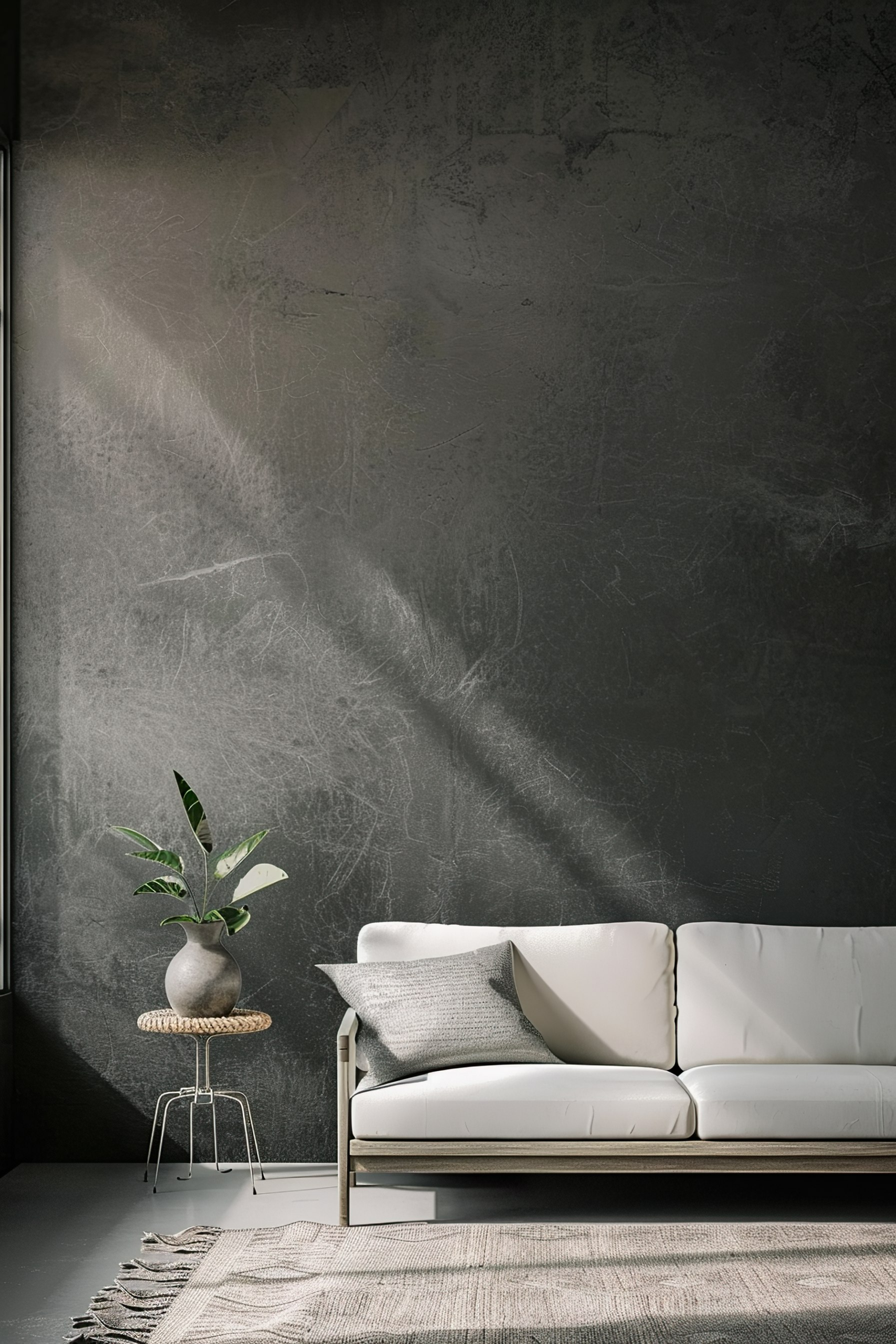 Modern living room with a textured dark wall, white sofa, side table with plant, and a rug on the floor.