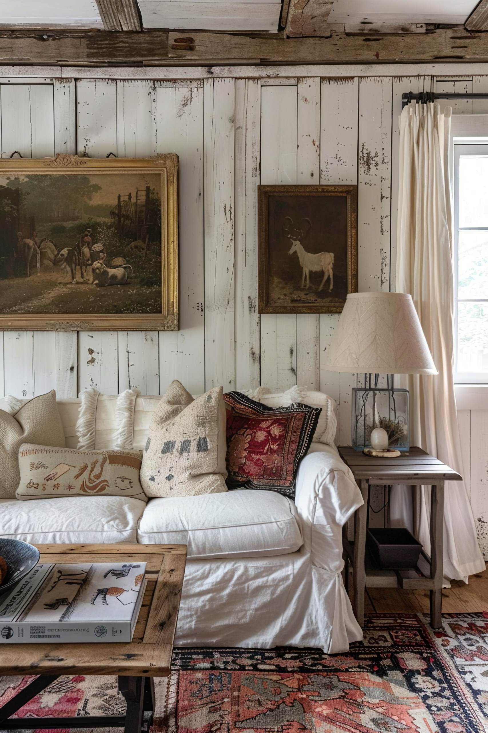 A rustic living room with a distressed white wood-paneled wall, vintage paintings, a cozy white sofa with decorative pillows, and a patterned rug.