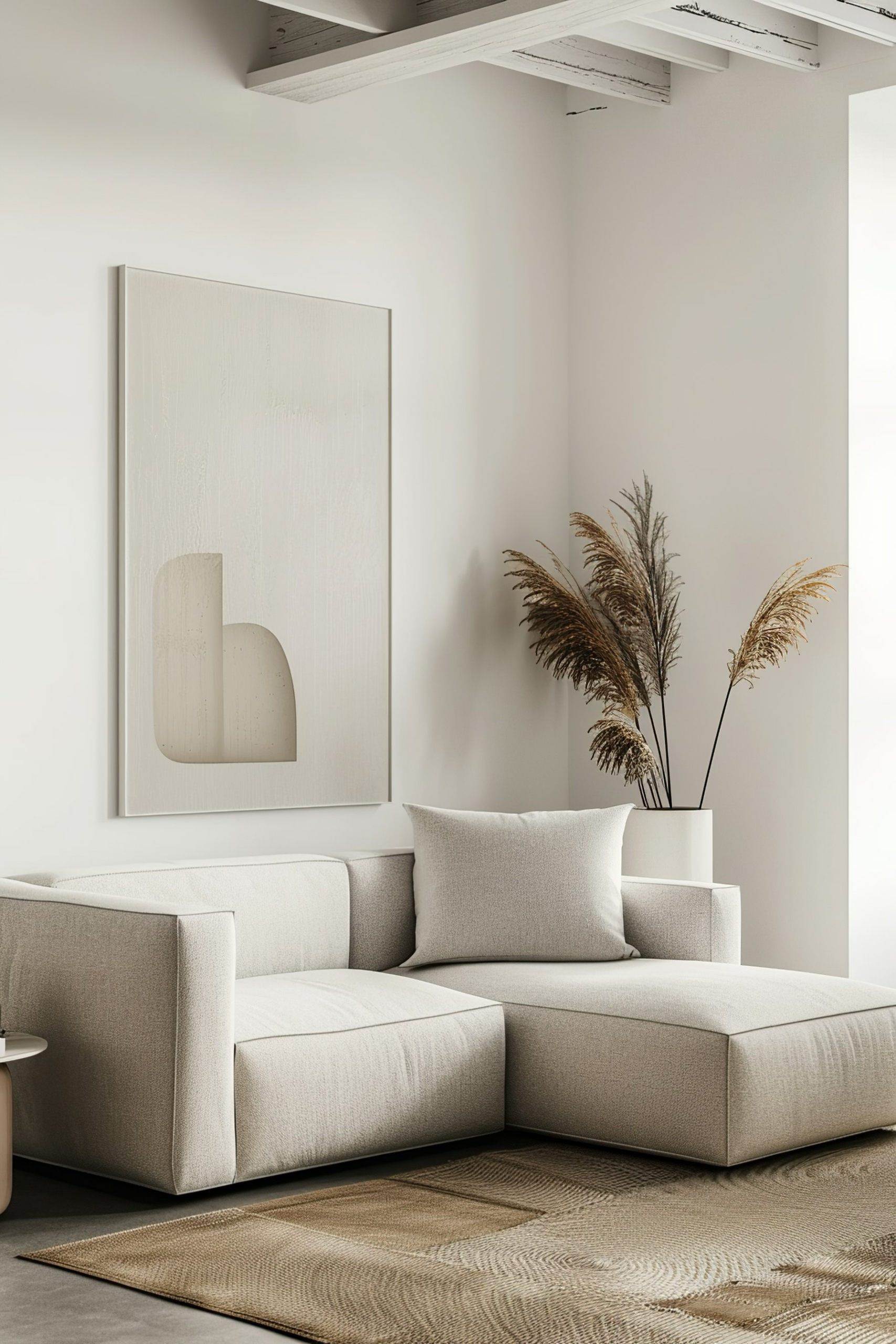 ALT Text: "Minimalist living room with a comfortable beige modular sofa, abstract art on the wall, pampas grass in a vase, and a textured rug."