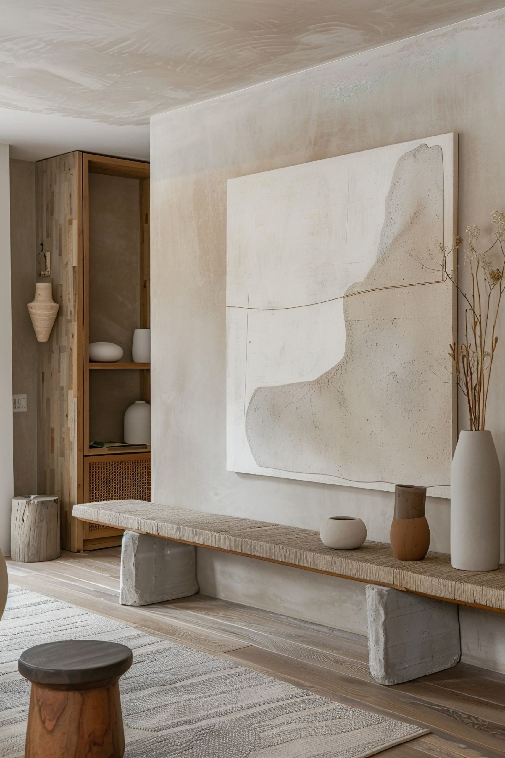 A modern, serene living space with textured walls, a large abstract painting, wooden shelves with vases, and minimalistic wooden stools.