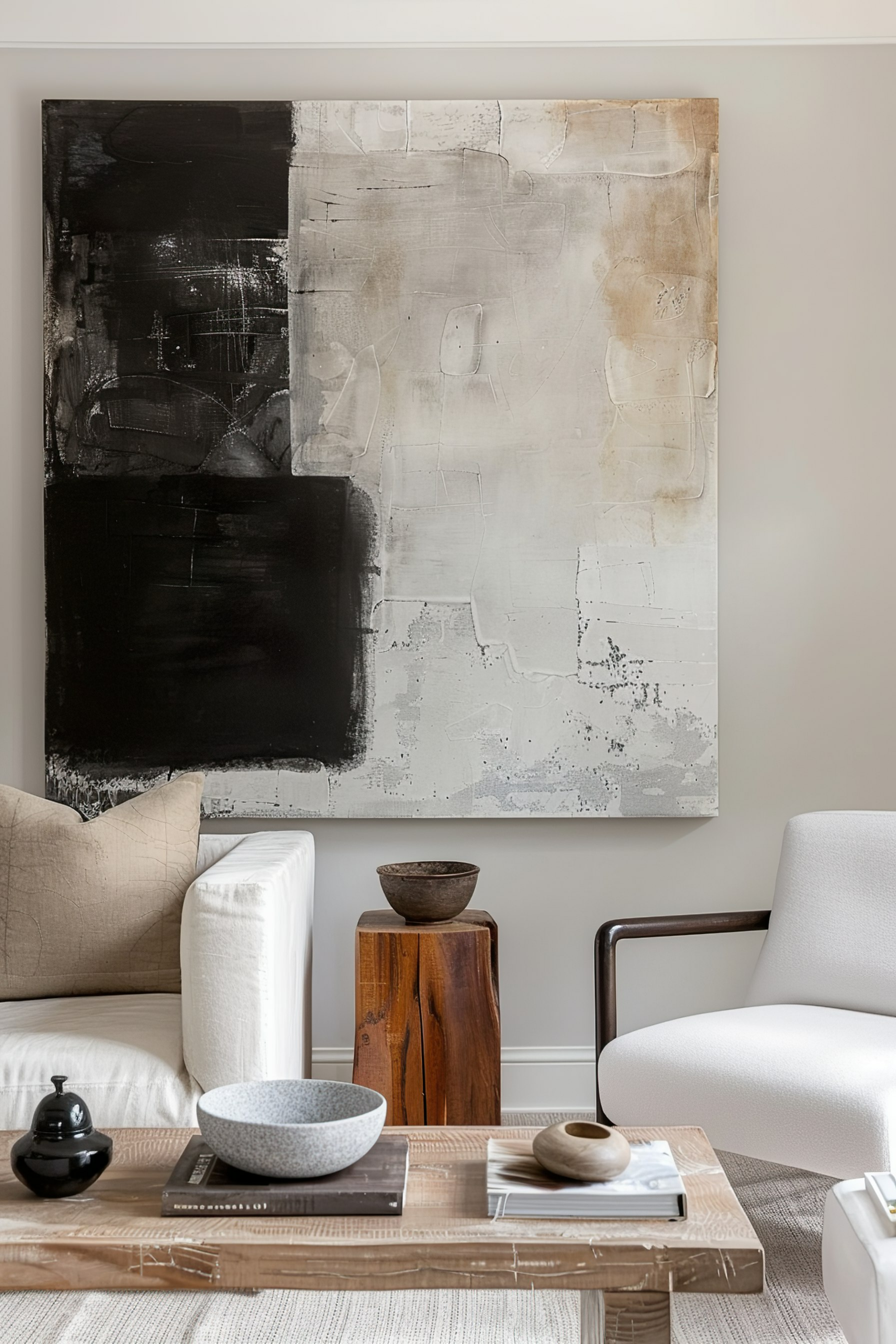 Modern living room detail with abstract black and white painting, cozy furniture, wooden accents, and decorative bowls on the table.