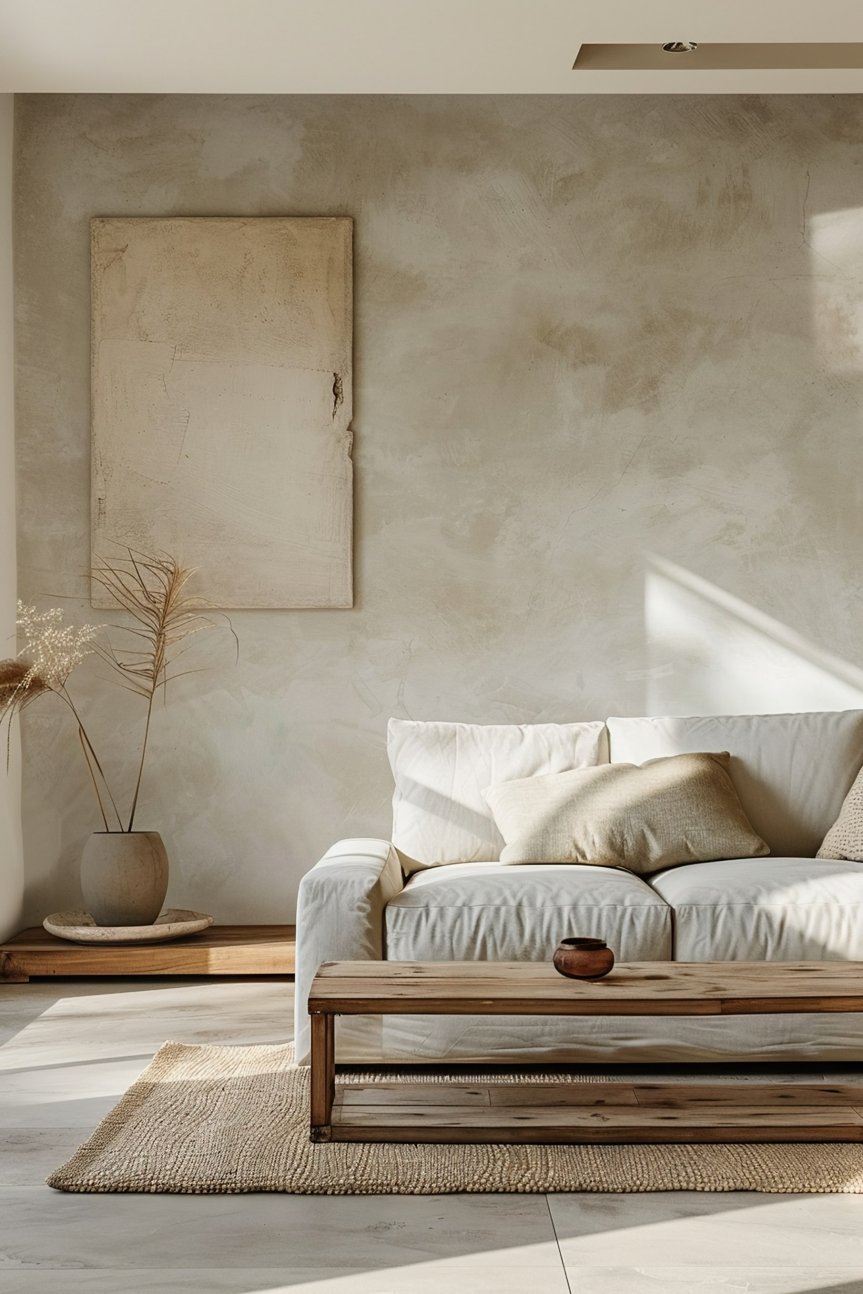 A modern living room with a neutral color palette, featuring a comfy sofa, wooden coffee table, dried plants, and a textured wall with art.