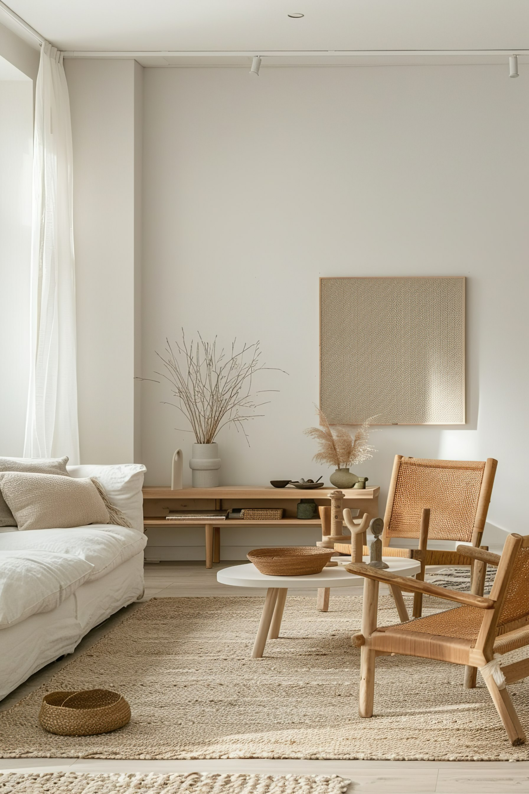 A serene living room with a neutral color palette, wooden furniture, textile decorations, and plants, bathed in natural light.