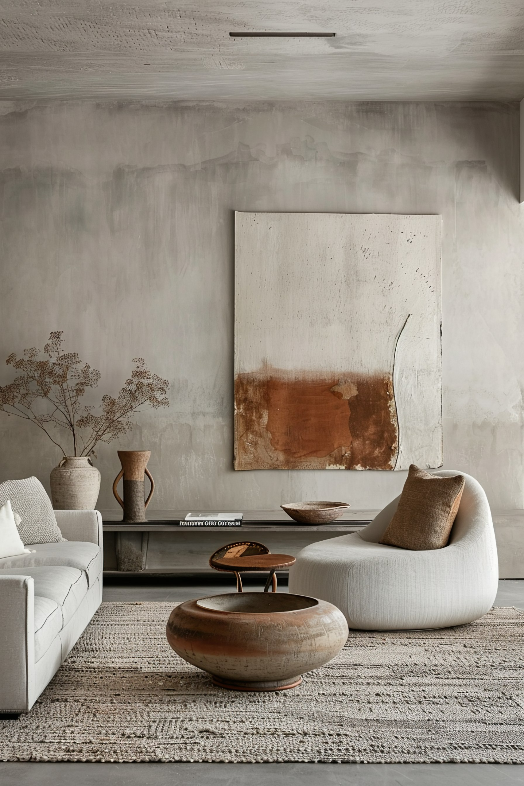 Modern living room with textured gray walls, abstract art, white couch, unique wooden tables, and decorative vases on a woven rug.