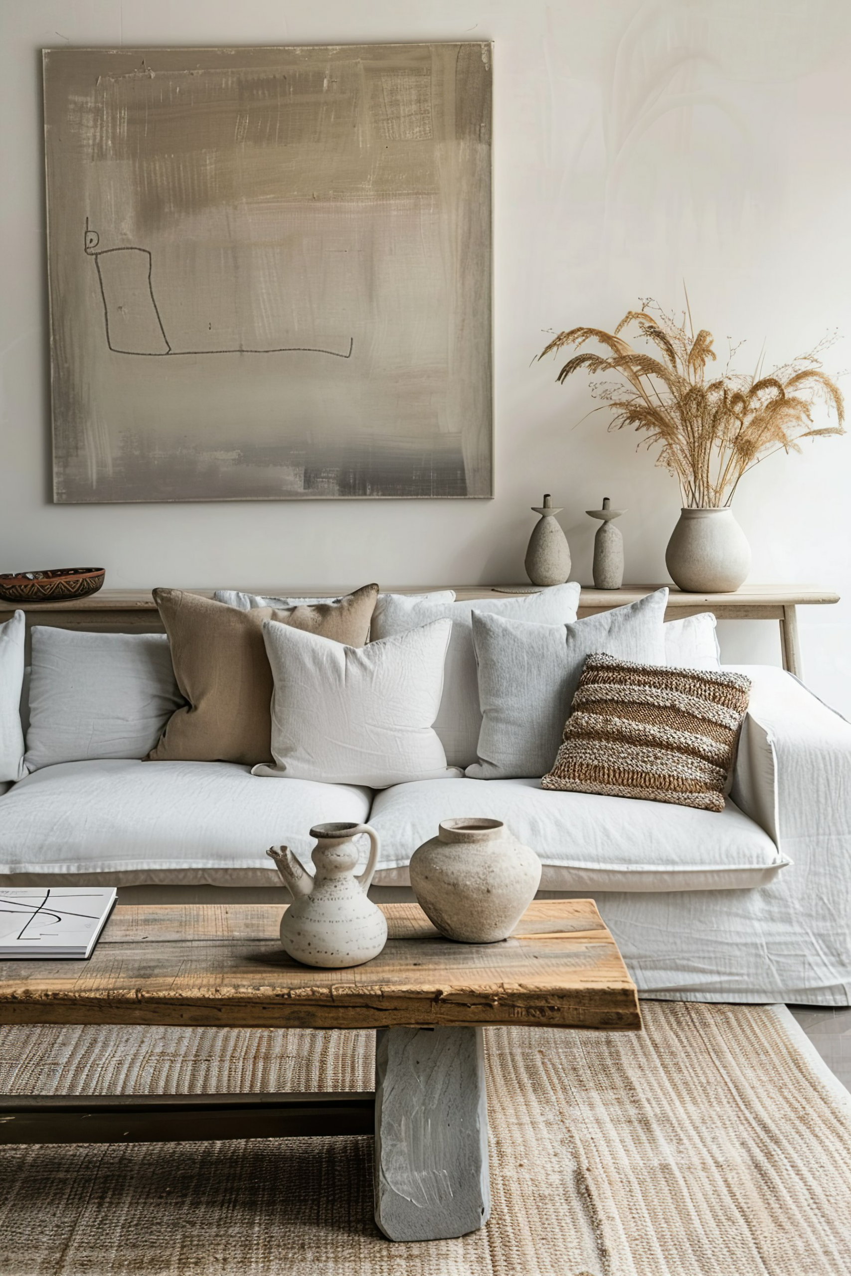 A cozy living room with a white sofa, assorted pillows, abstract wall art, ceramic vases, and a rustic wooden coffee table.