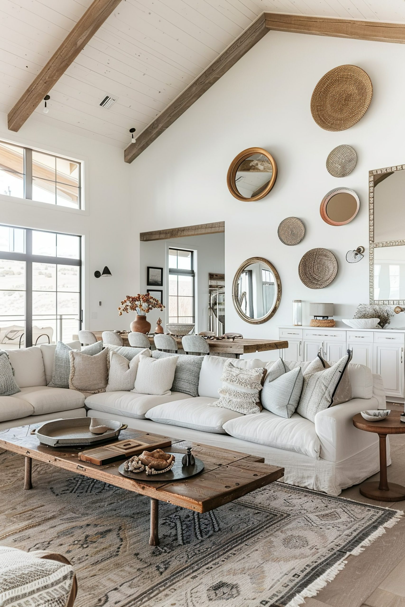 A cozy living room with a neutral color palette, sectional sofa adorned with pillows, wooden accents, and decorative wall baskets.