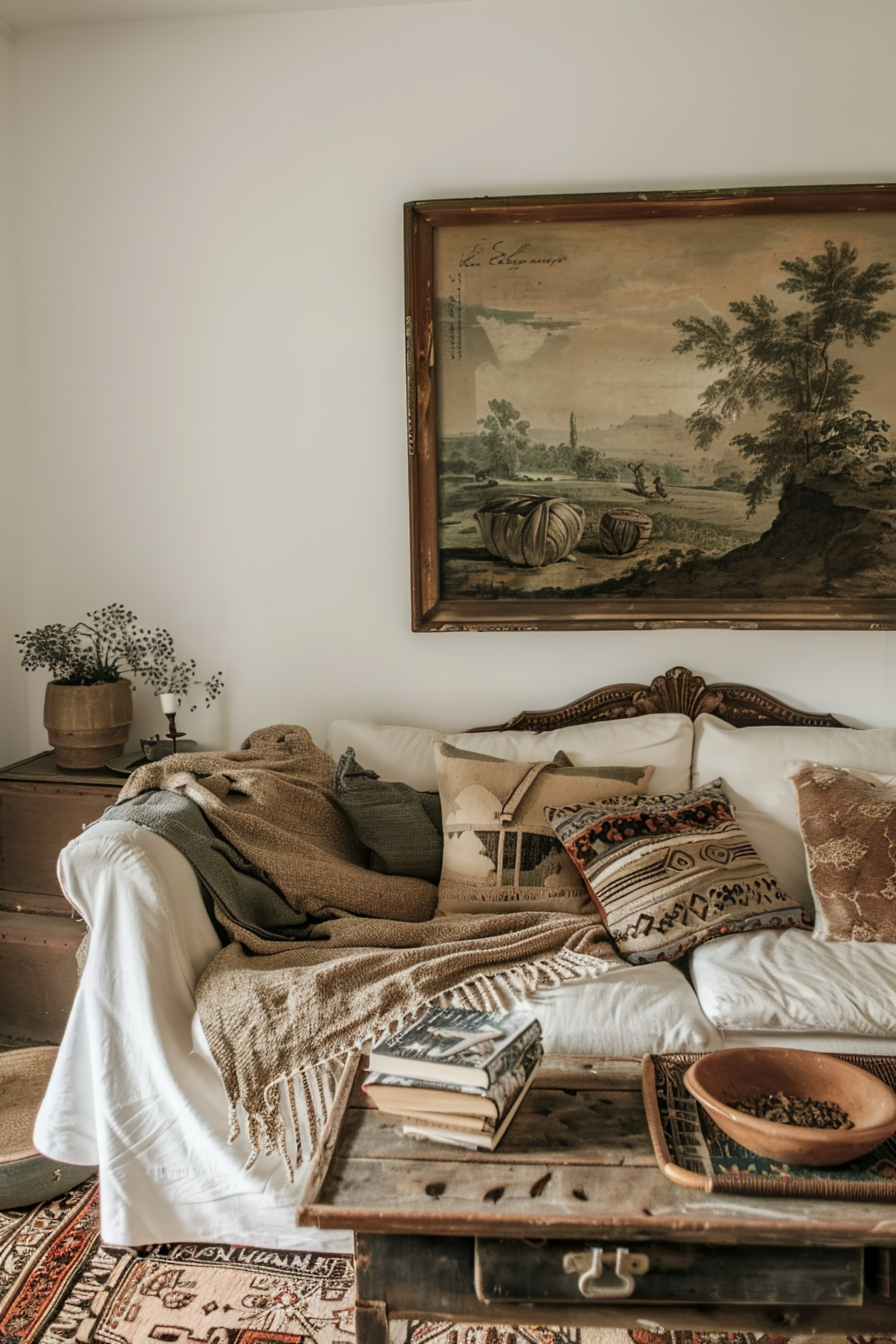 Cozy vintage living room corner with a draped sofa, eclectic pillows, a wooden chest coffee table, books, and a framed landscape artwork.