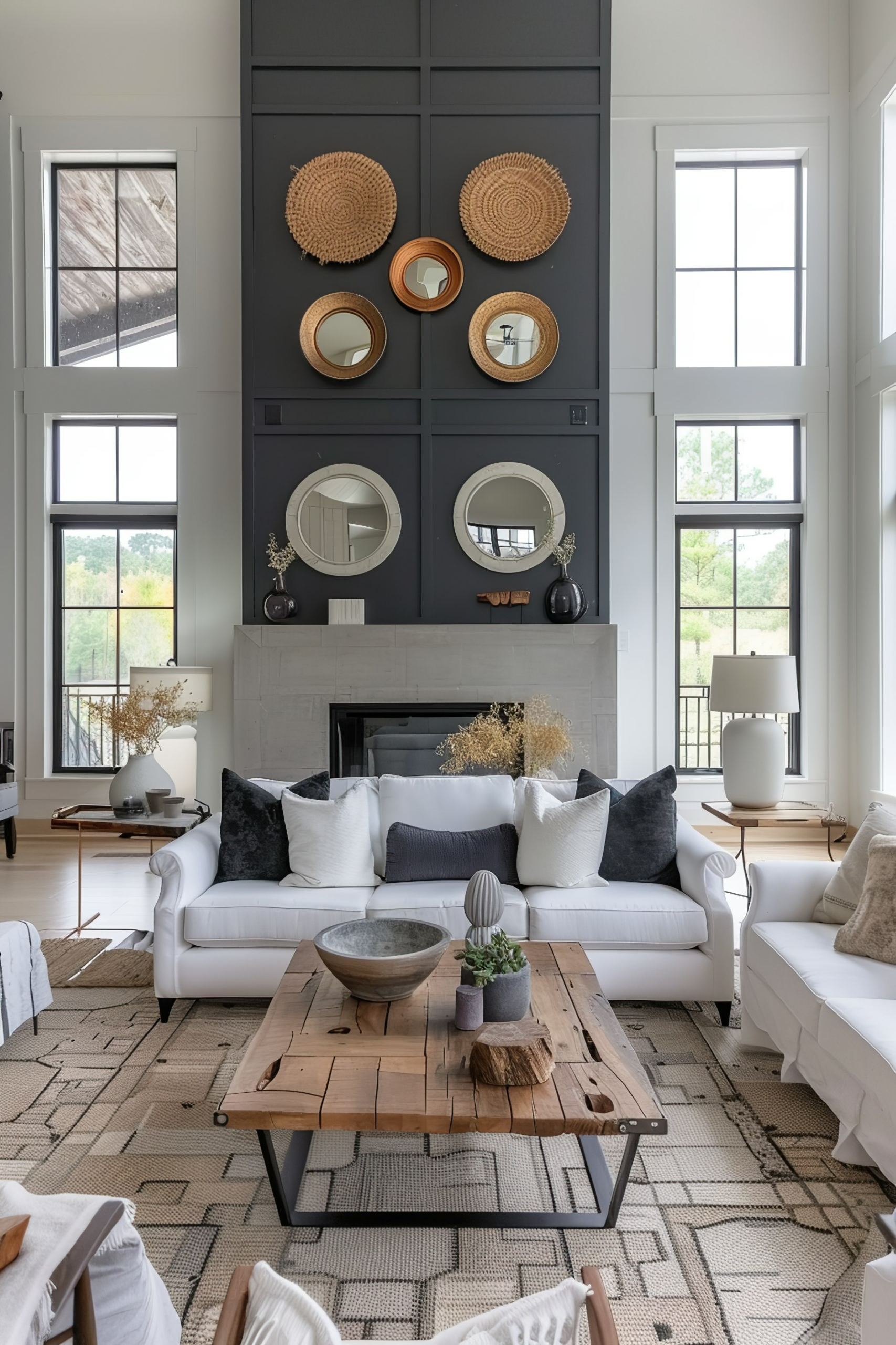 Elegant living room with high ceilings, large windows, a fireplace, and neutral-toned decor with patterned rug and wooden center table.