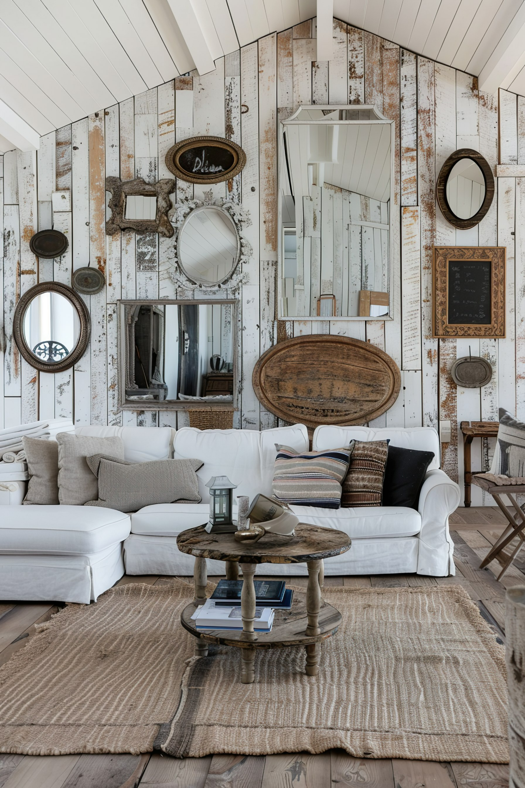 A cozy living room corner with a white sofa, rustic wooden table, varied mirrors on distressed wood paneling, and a textured rug.