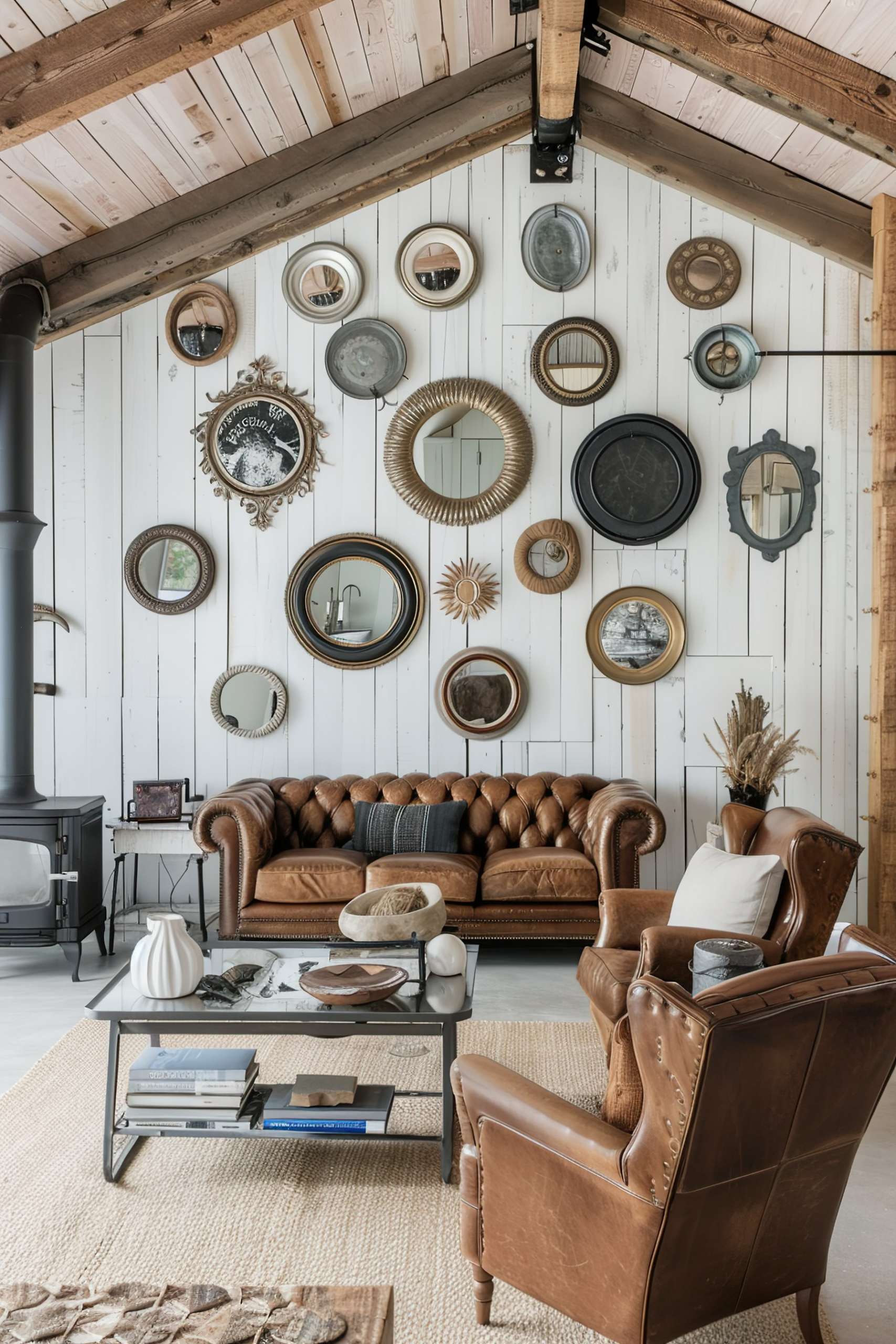 A cozy living room with a variety of decorative mirrors on a white wall, leather sofas, a glass coffee table, and a wood-burning stove.