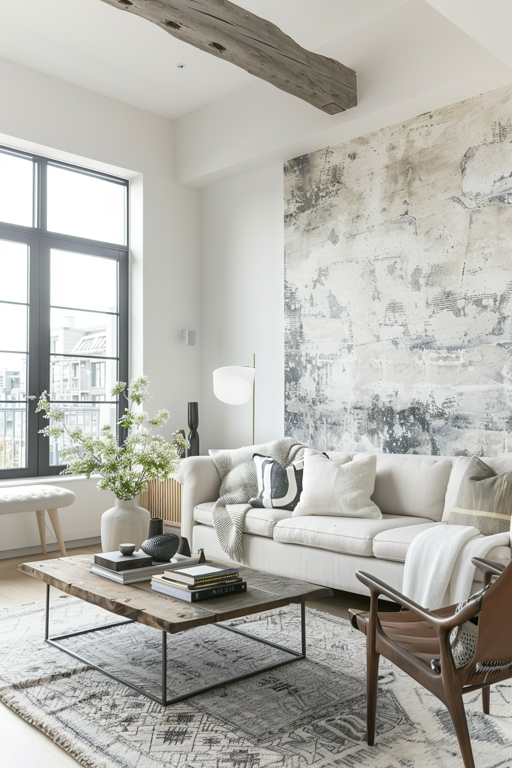 Modern living room with a white sofa, wooden coffee table, patterned rug, and large window with city view.