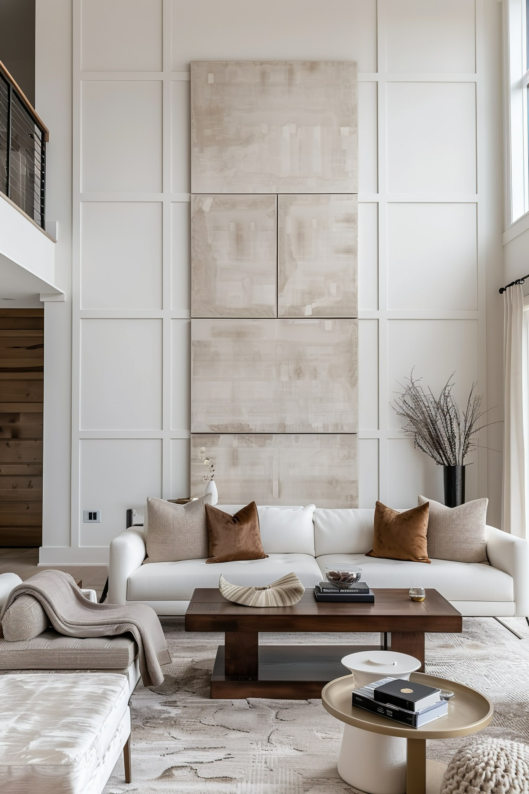 Modern living room interior with white couch, decorative pillows, abstract wall art, and stylish coffee tables on a light carpet.