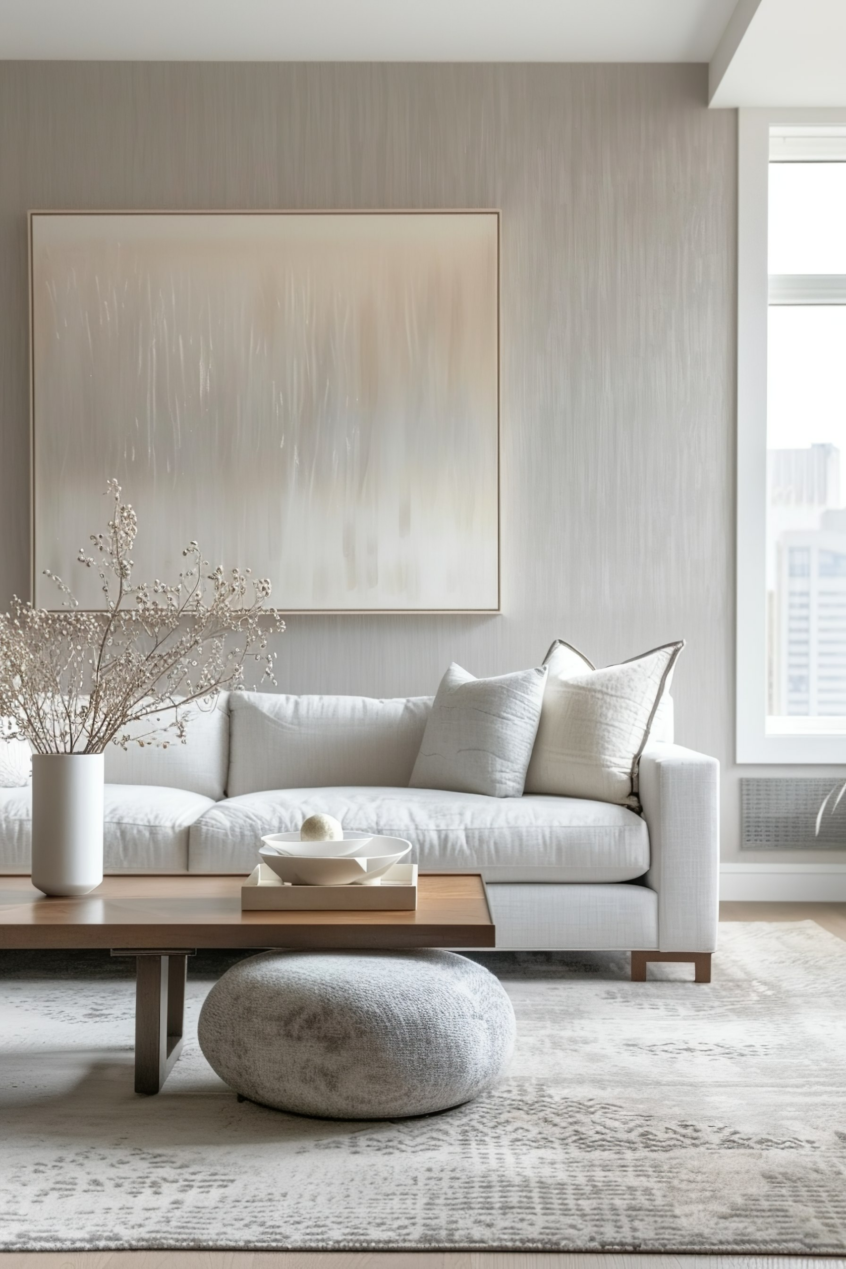 A modern living room with a white couch, abstract painting, wooden table, and decorative vase with branches on a textured rug.