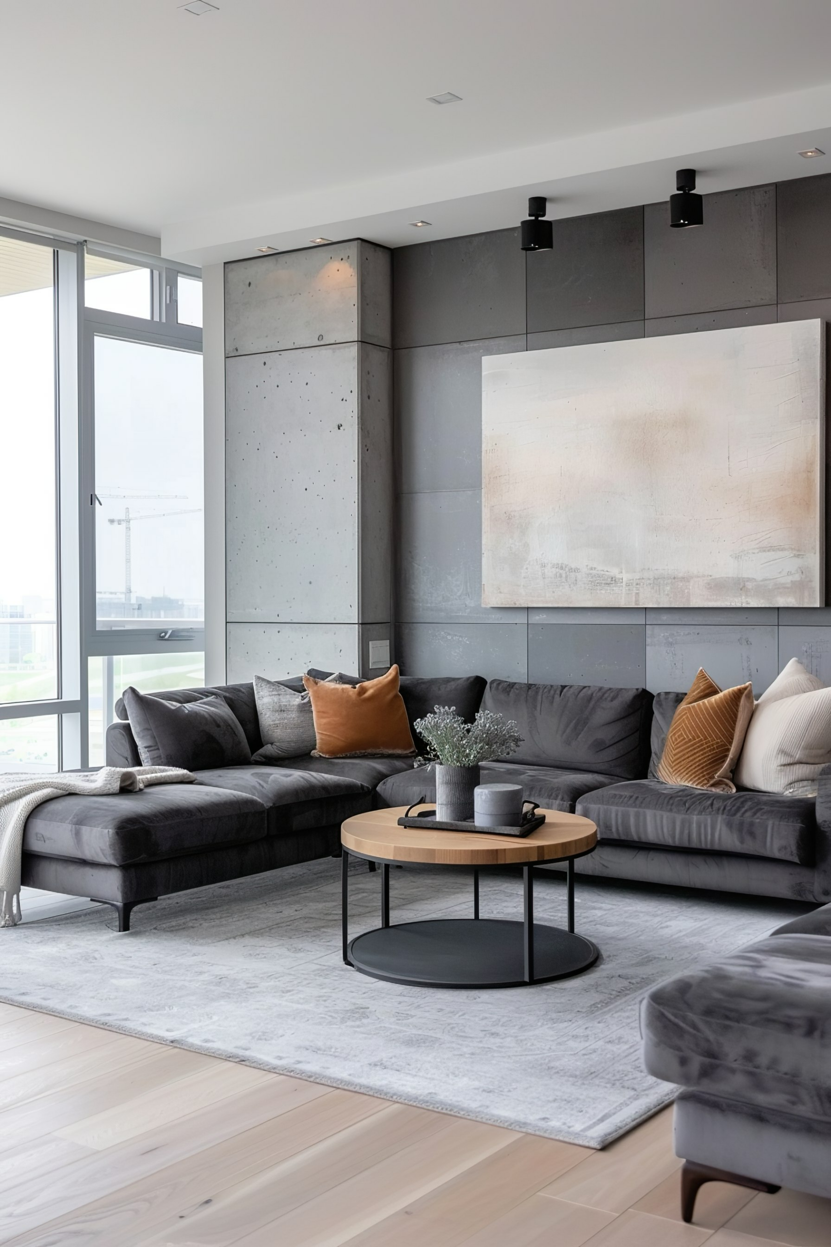 Modern living room with a gray sectional sofa, abstract wall art, round coffee table, and large window with a city view.