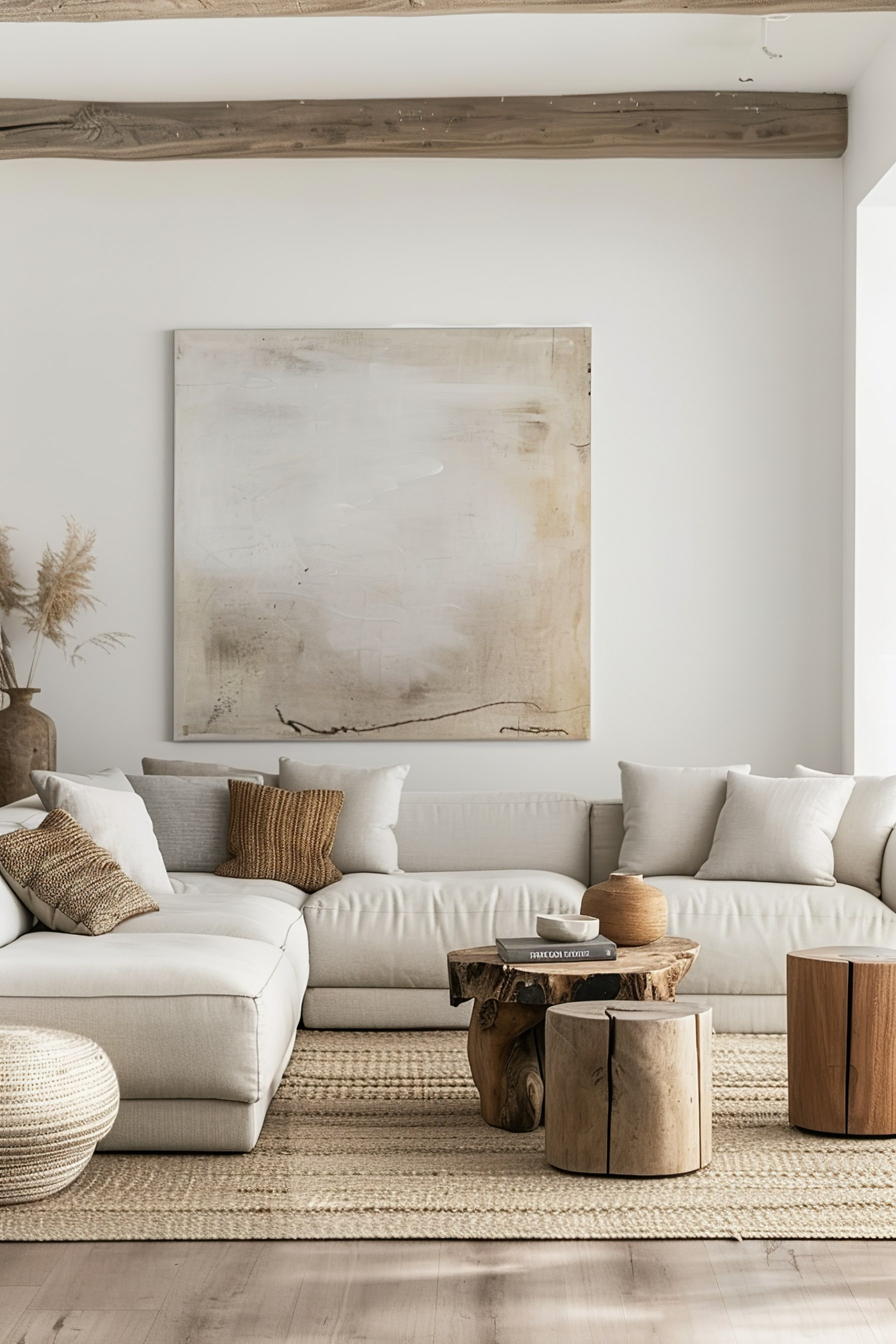 Modern living room interior with neutral tones, L-shaped sofa, rustic wooden coffee table, and abstract art on the wall.