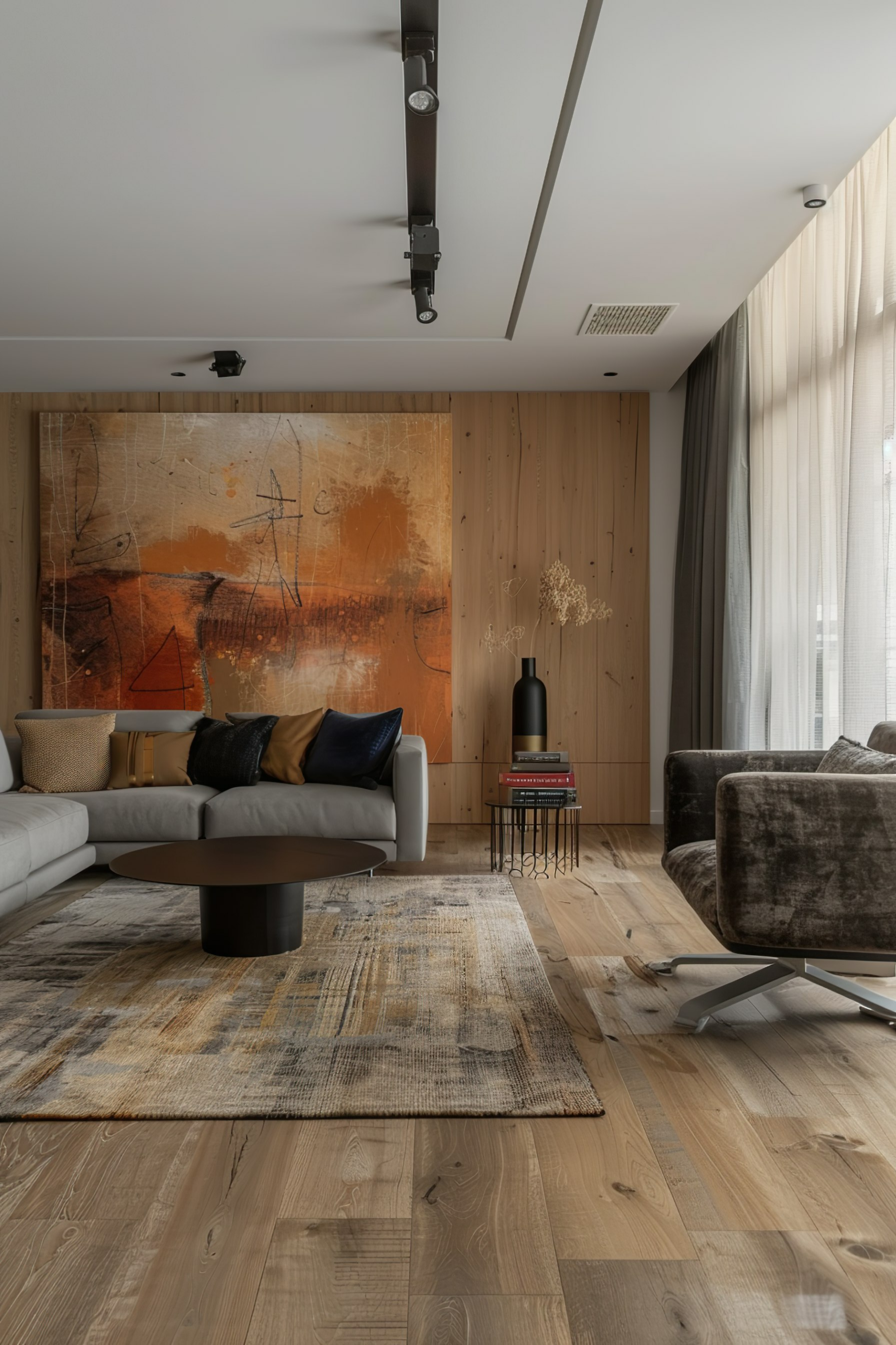 Modern living room interior with wooden wall paneling, abstract art, chic furniture, and large area rug.