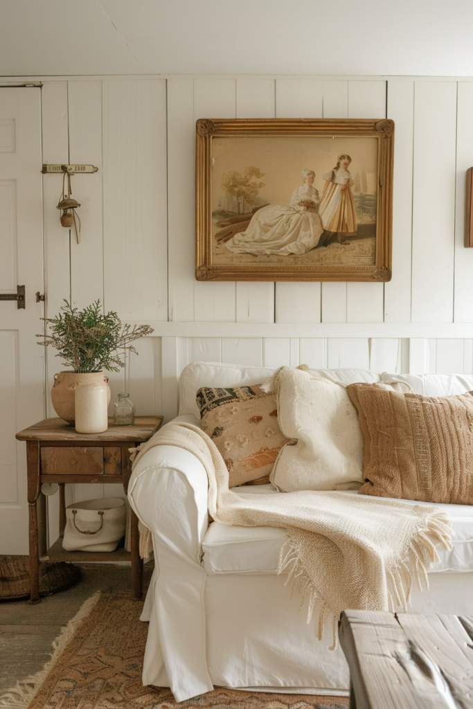 ALT: Cozy room corner with an antique framed painting above a white sofa, adorned with decorative pillows and a throw, beside a rustic side table.