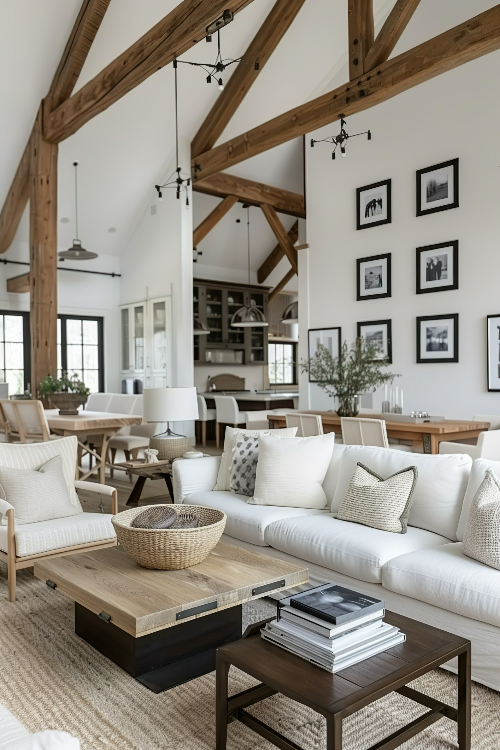 ALT: A cozy modern living room with exposed wooden beams, white sofas, a wooden coffee table, pendant lights, and framed pictures on the wall.