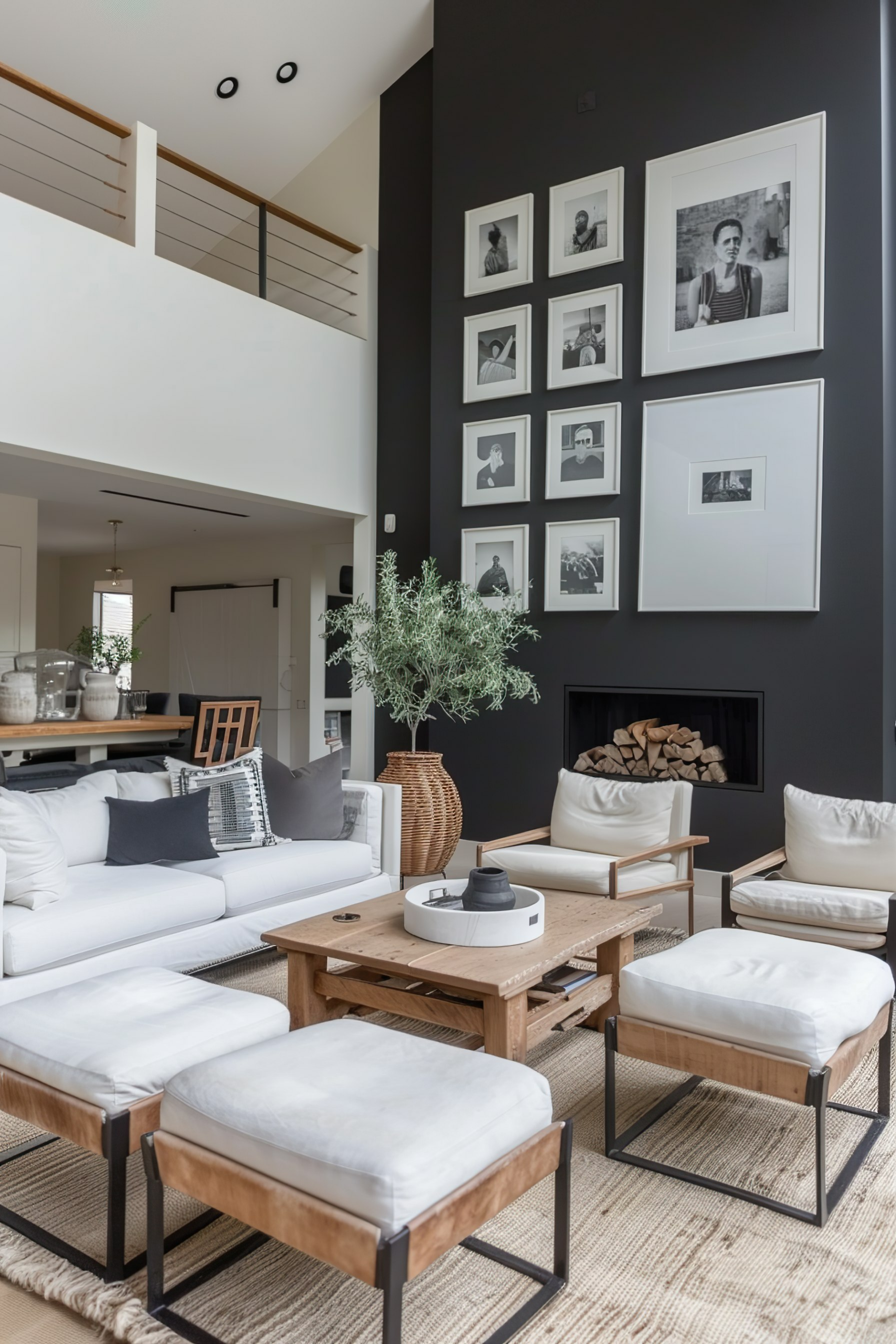 Modern living room with black accent wall, gallery of photos, white sofas, wood tables, and a fireplace with logs.