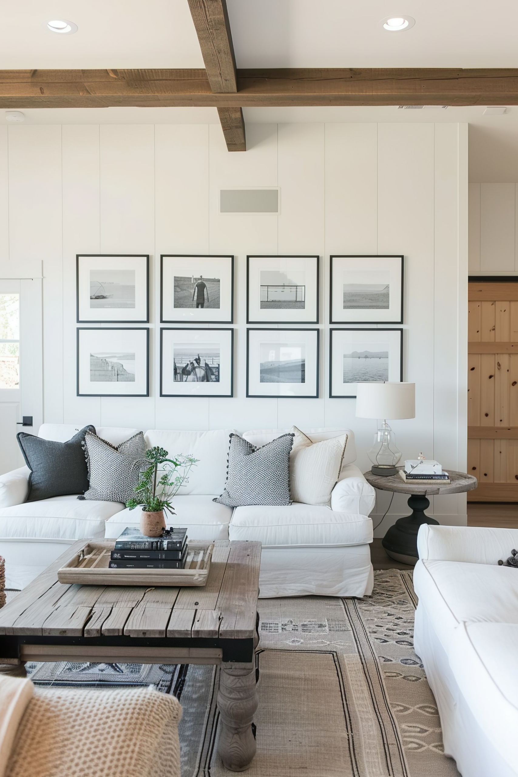 A cozy living room with white sofas, wooden tables, black and white photographs on the wall, and rustic decor details.