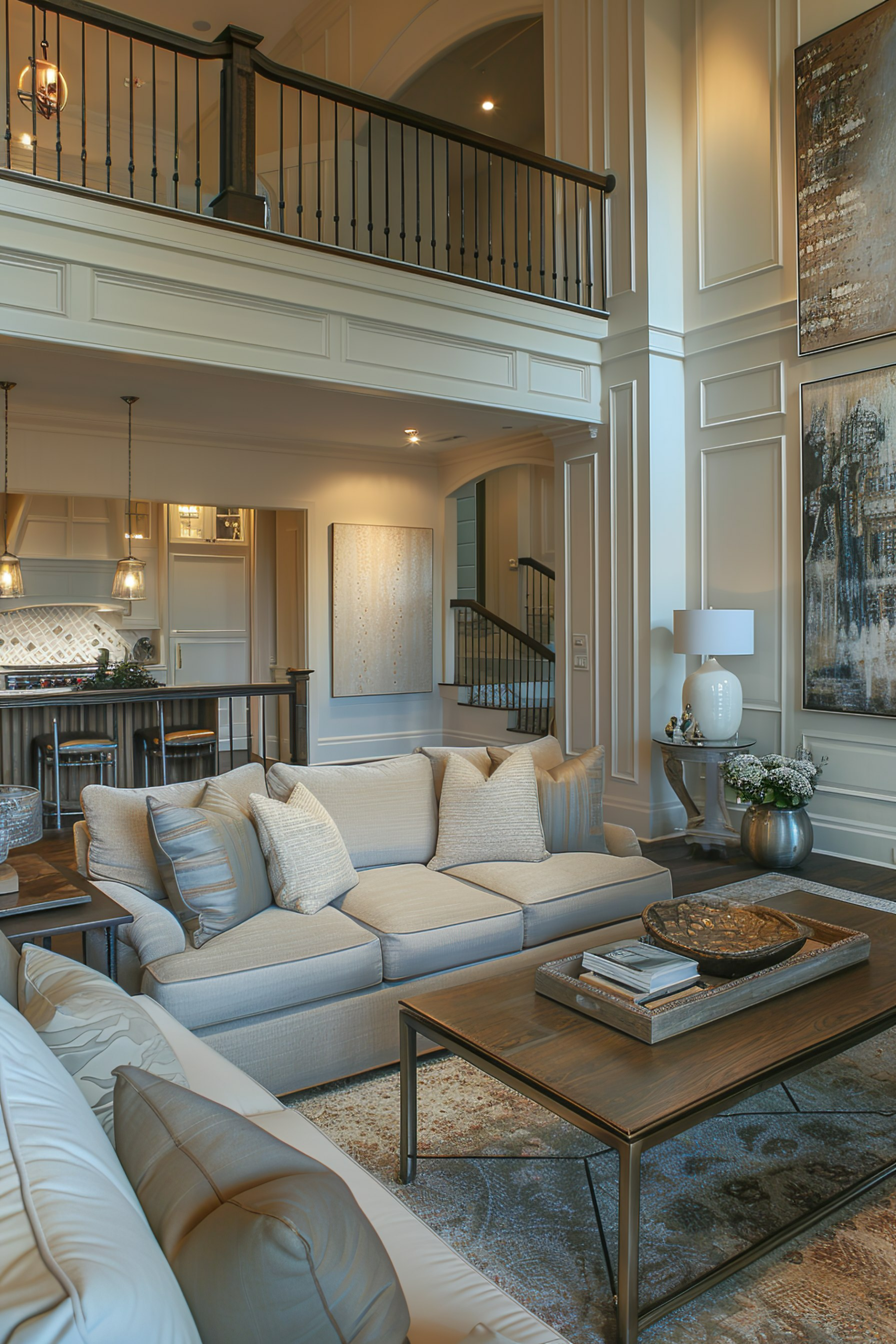 Elegant living room with a beige sectional sofa, wooden coffee table, and a view of the kitchen and upper level balcony.