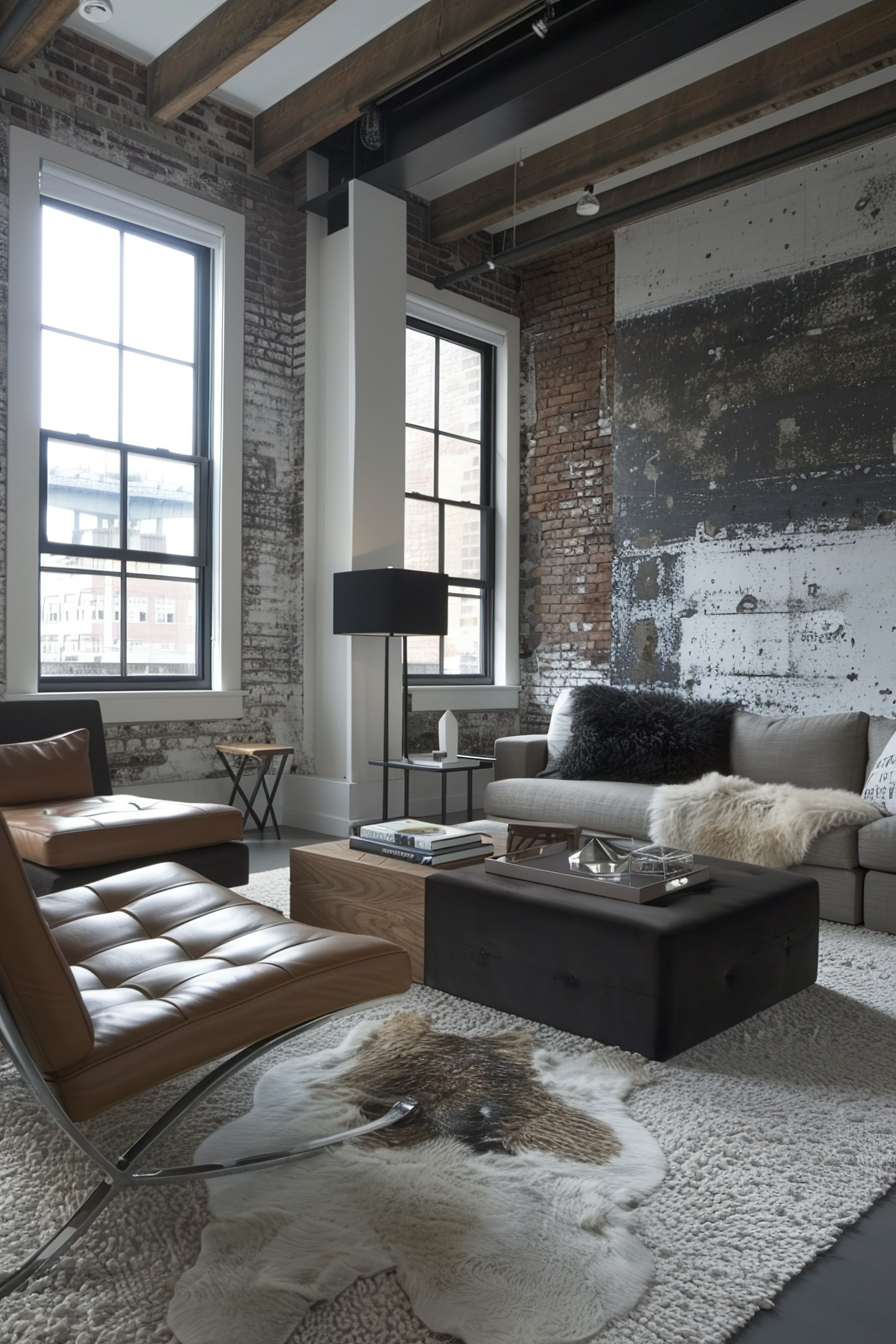 Modern loft living room with exposed brick walls, large windows, wooden beams, and a mix of contemporary and rustic decor.