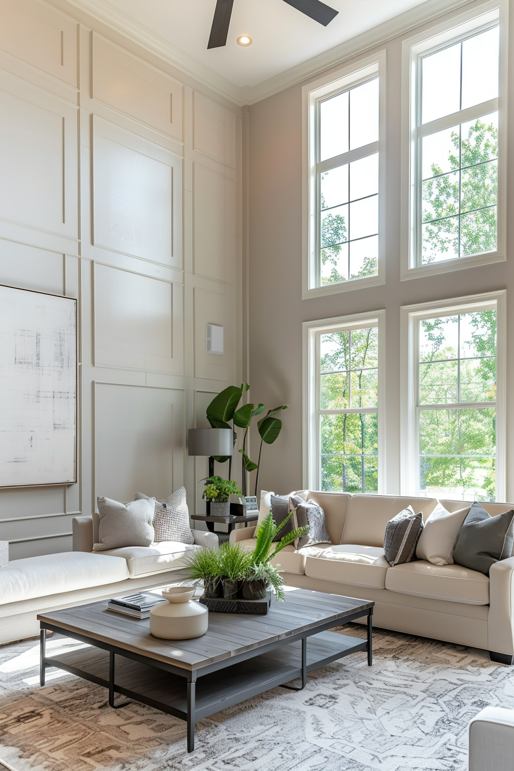 Elegant living room with high ceilings, large windows, neutral tones, and tasteful decorations.