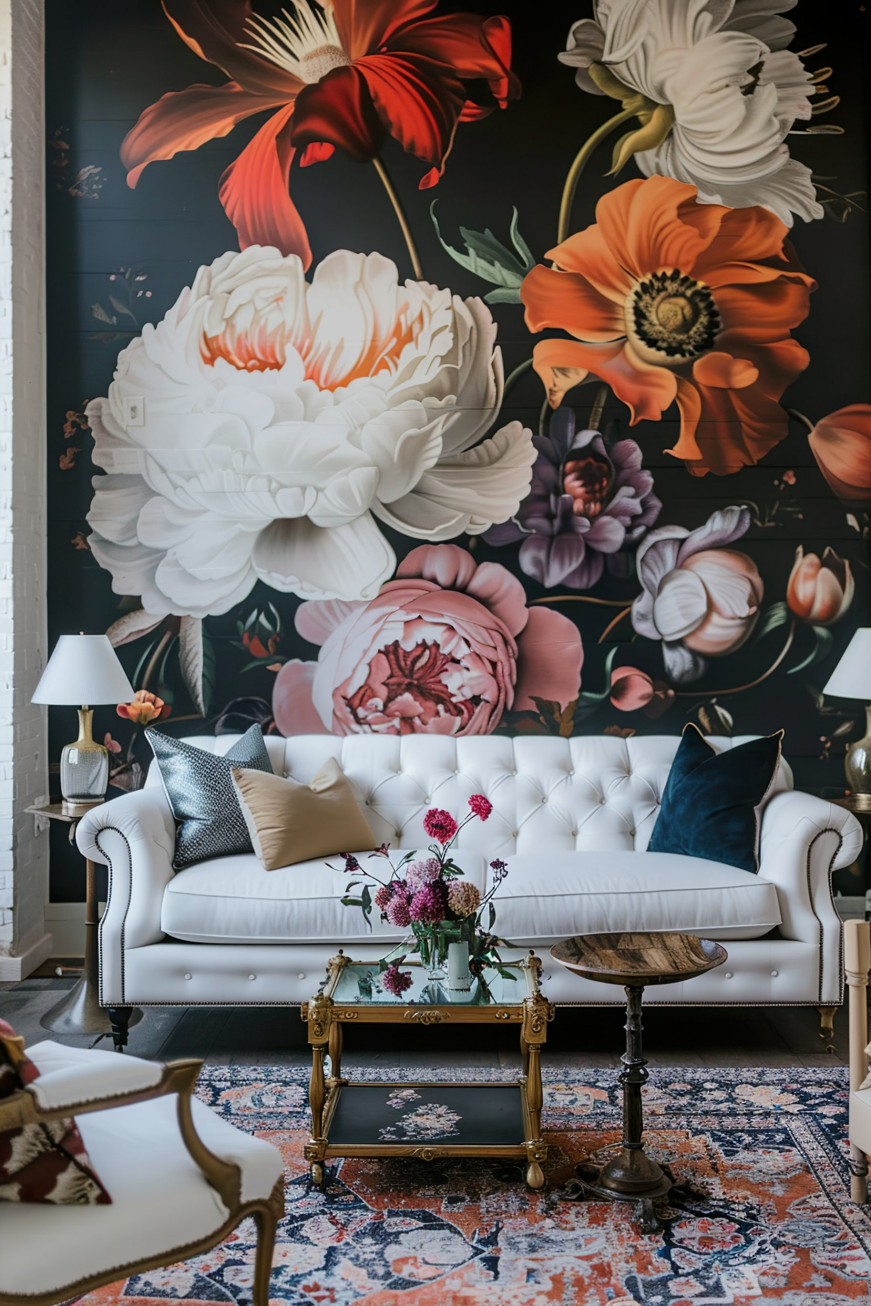 Elegant living room with a white tufted sofa, vibrant floral wallpaper, vintage tables, and assorted throw pillows.