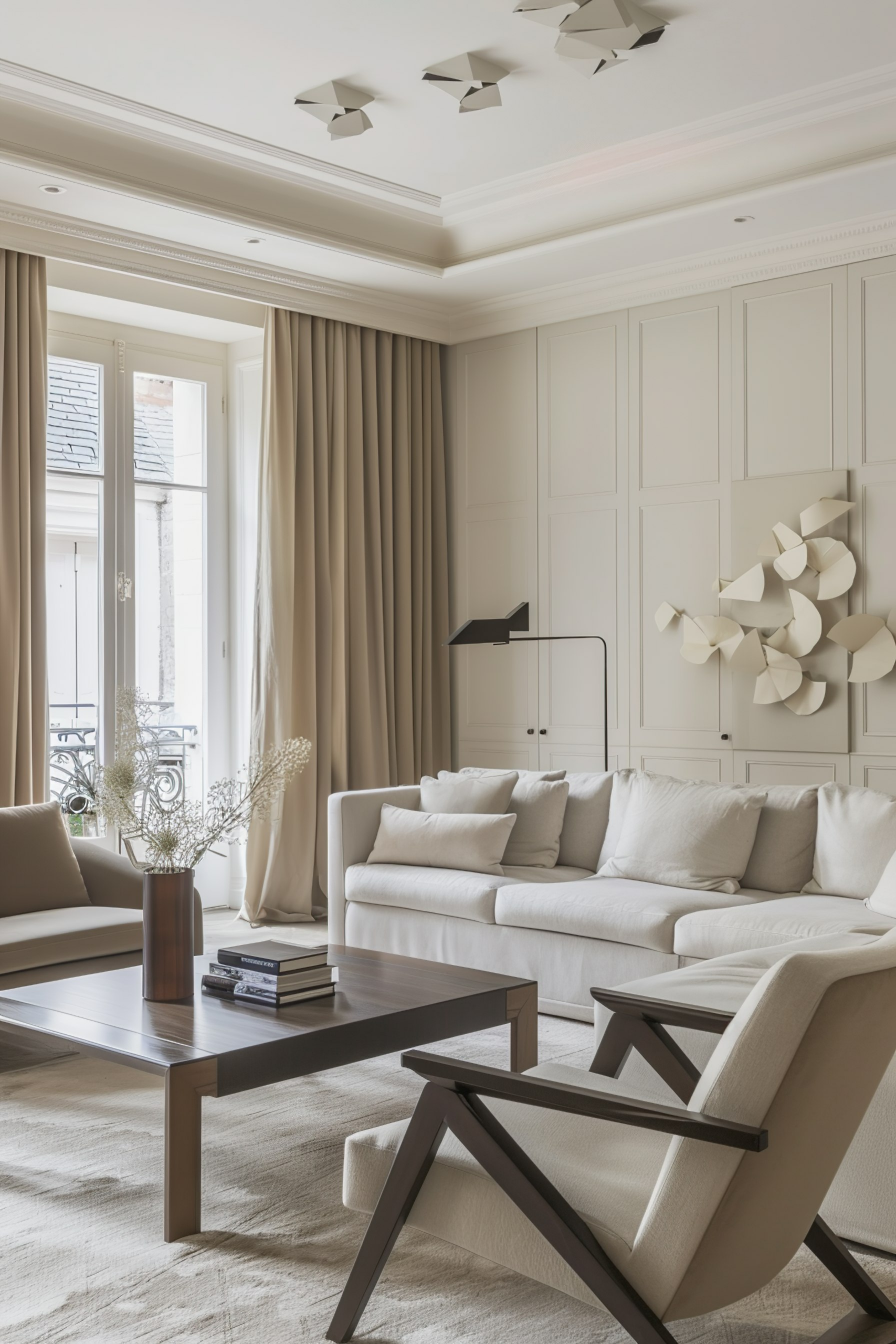 Elegant living room with neutral tones, featuring a plush sofa, modern chairs, wooden coffee table, and abstract wall art.