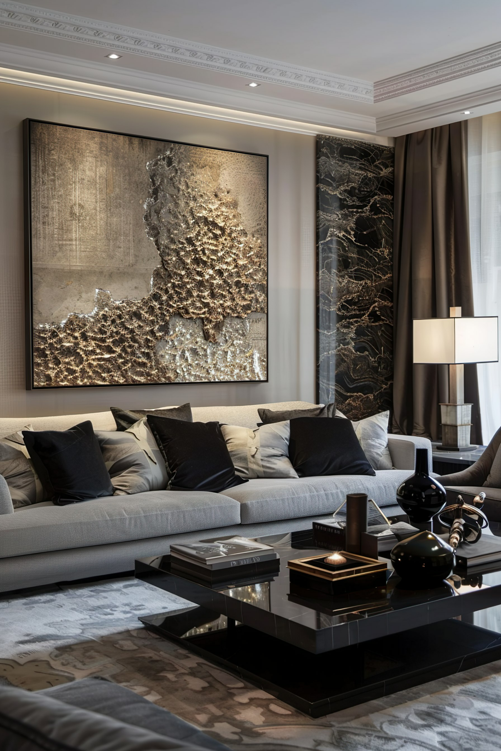 Elegant living room with a large textured artwork above a gray sofa, black accents, glass coffee table, and decorative items.