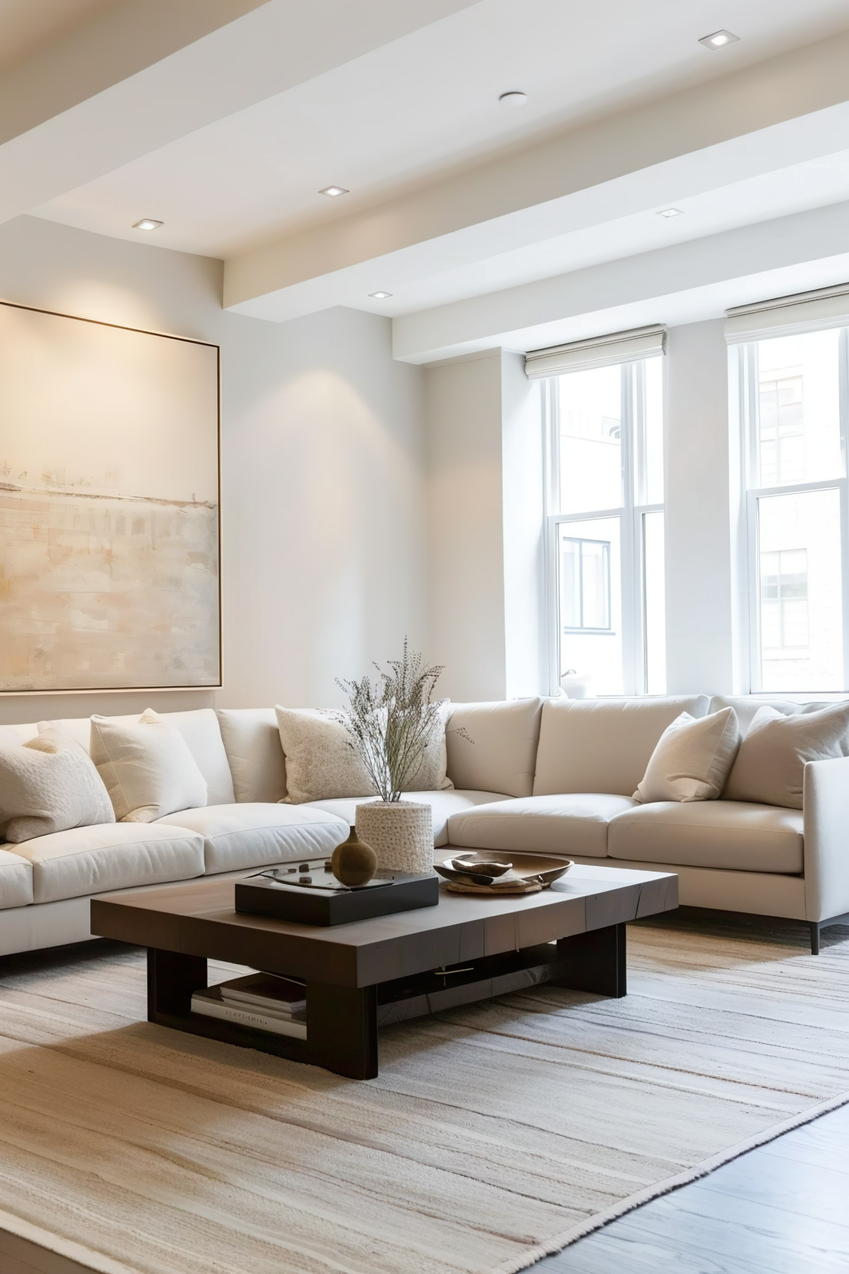 A modern living room with a large beige sofa, a dark wooden coffee table, and an abstract painting above the sofa.