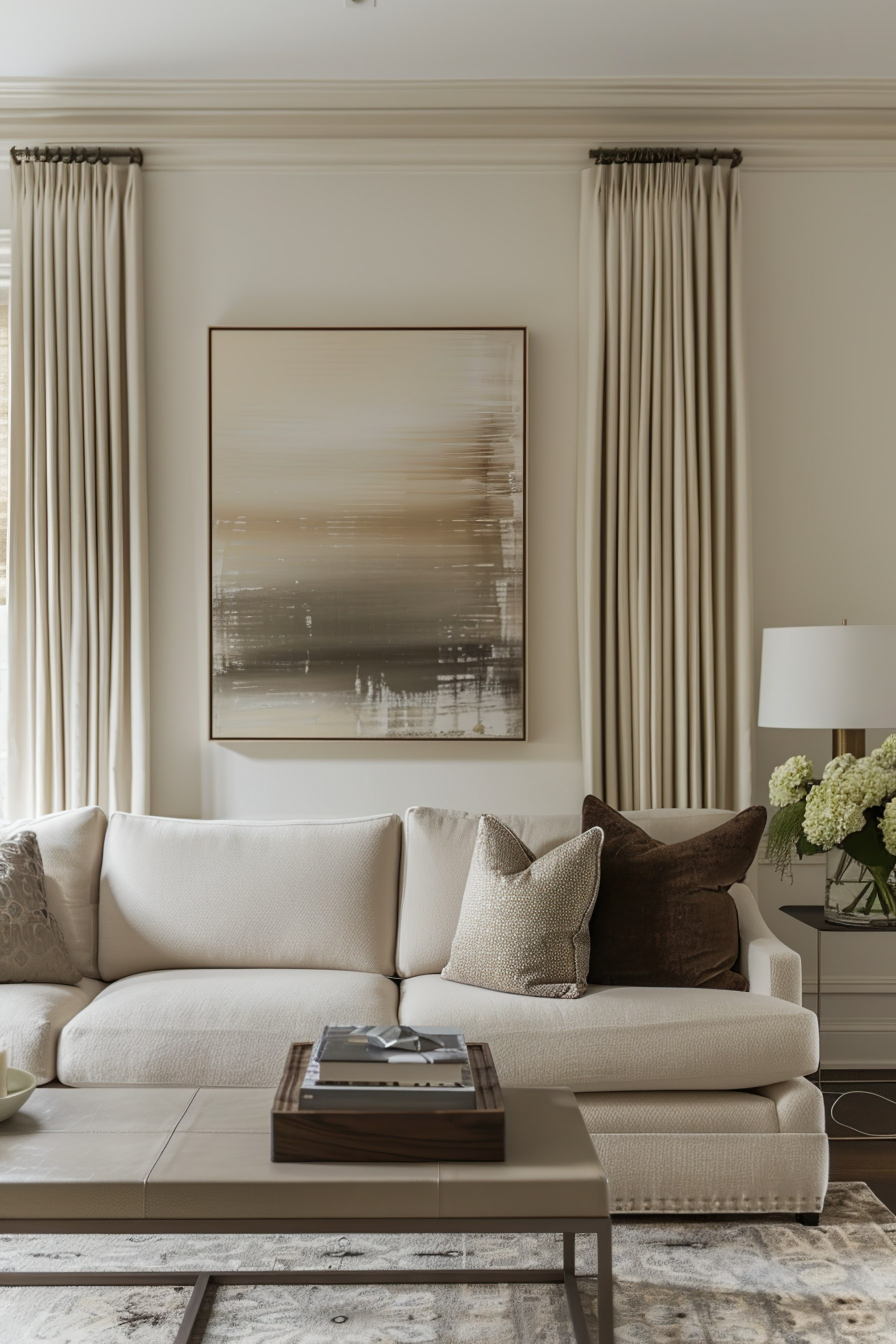 Elegant living room with a beige sofa, assorted pillows, abstract art piece, and side table with lamp and flowers.