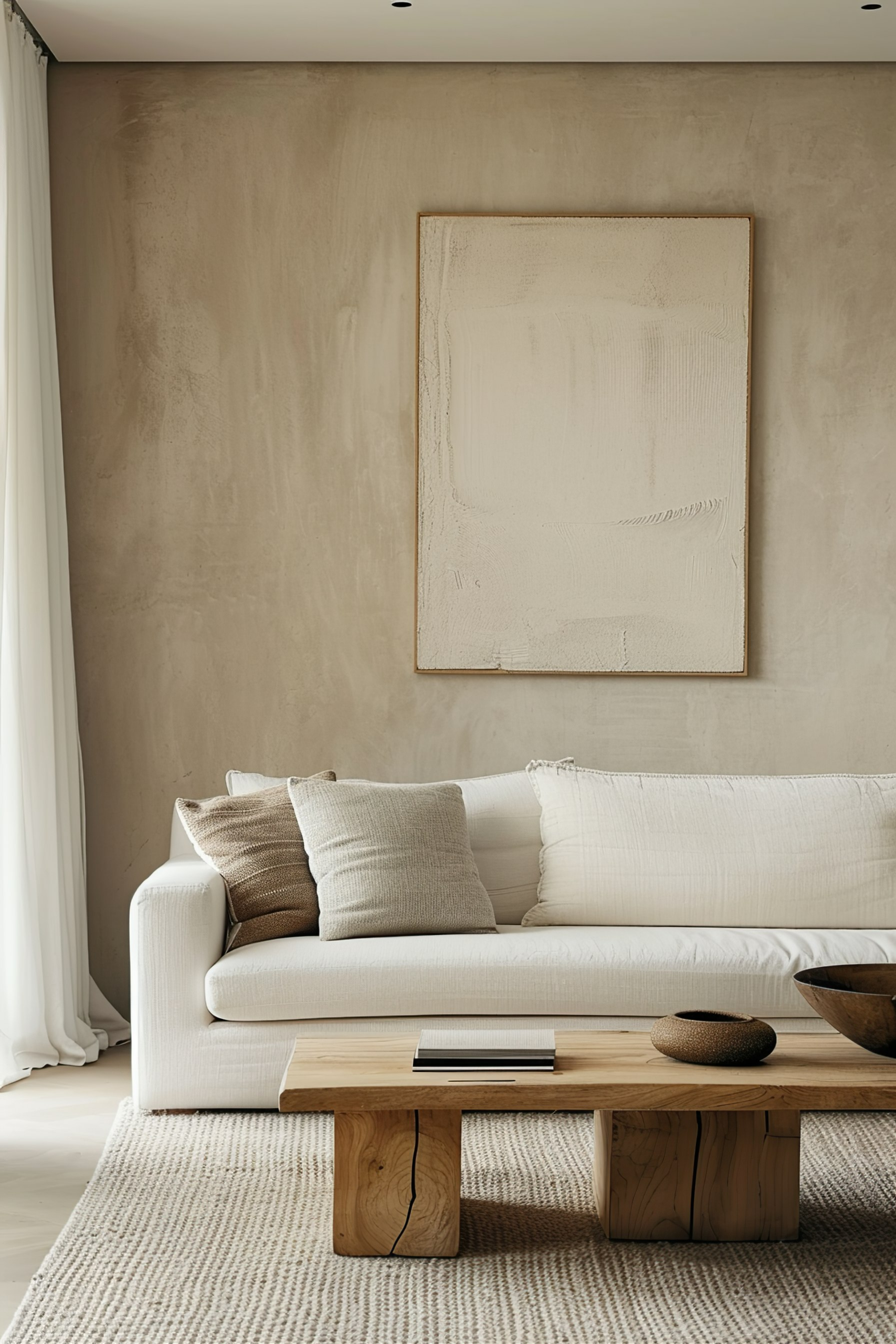 Minimalist living room with a white couch, textured wall art, wooden coffee table, and neutral tones.