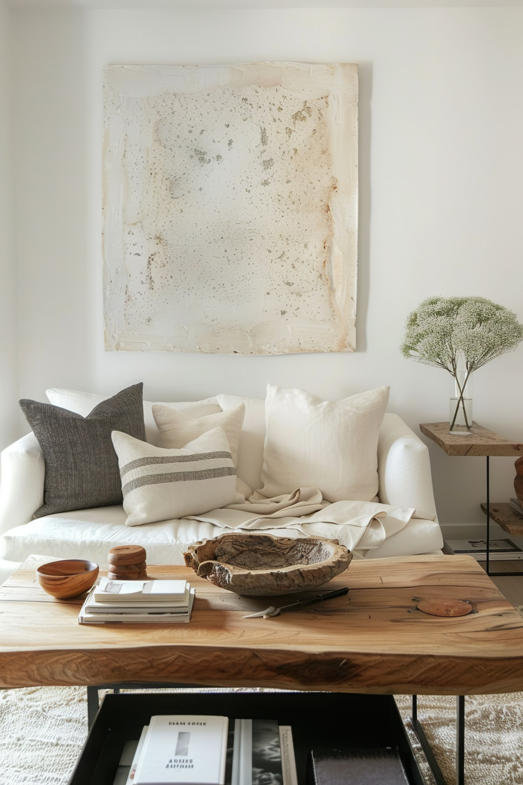 ALT: A cozy living room corner with a white sofa adorned with pillows, a wooden coffee table, decorative items, and abstract wall art.