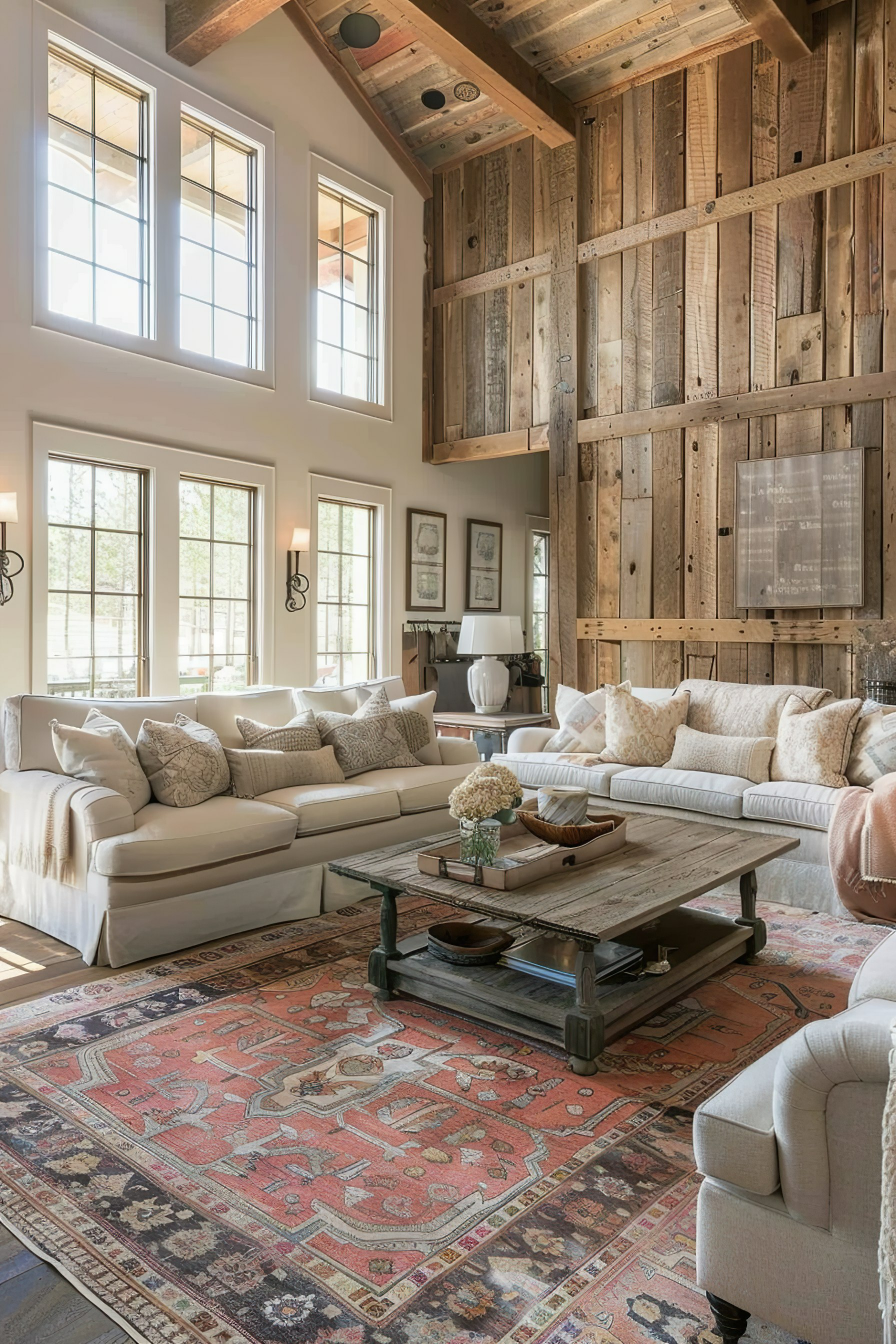 A cozy living room with high ceilings, rustic wood accents, elegant ivory sofas, and a patterned red area rug.