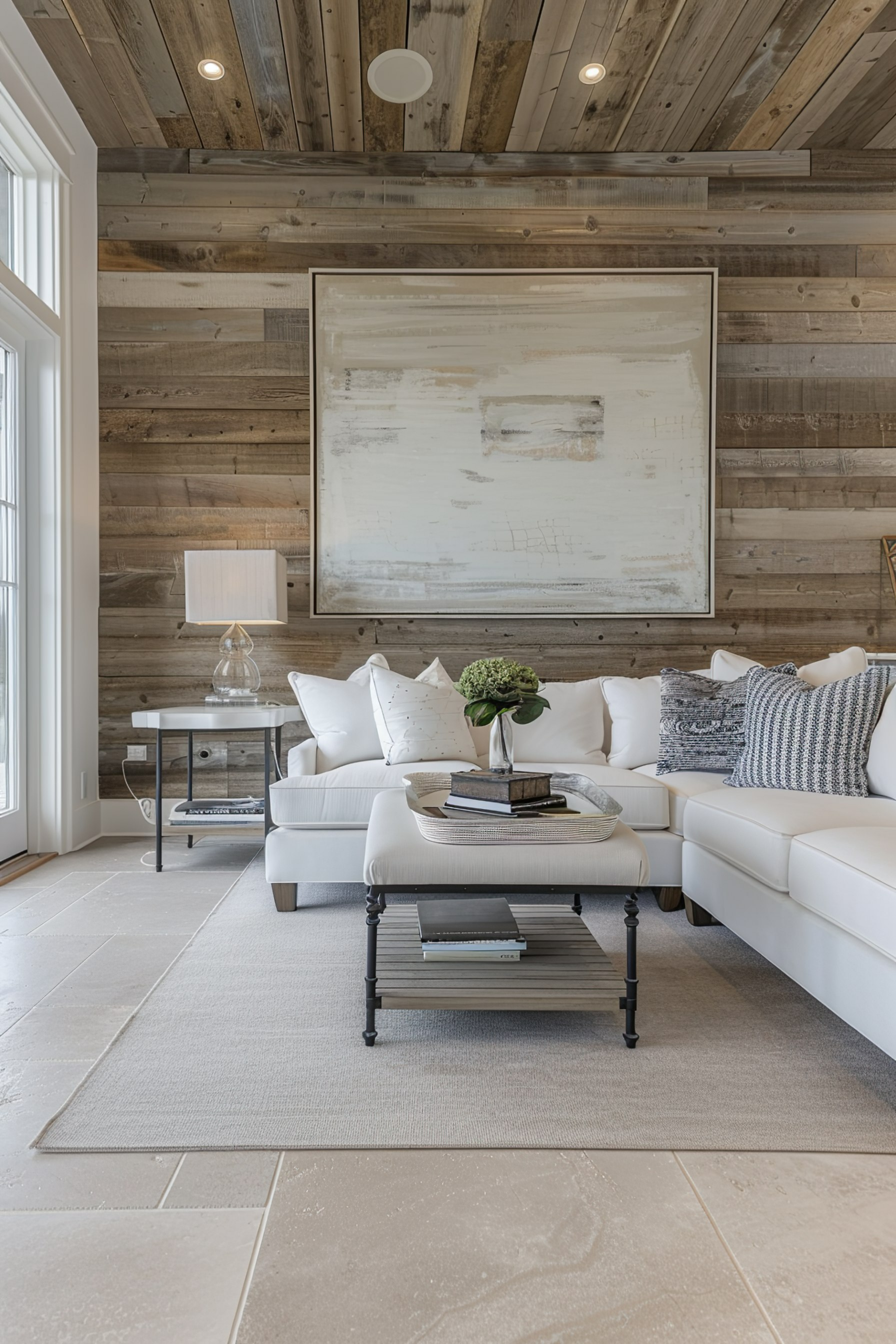 A cozy living room with white sofas, a wood plank wall and ceiling, an abstract painting, and a central coffee table with books.