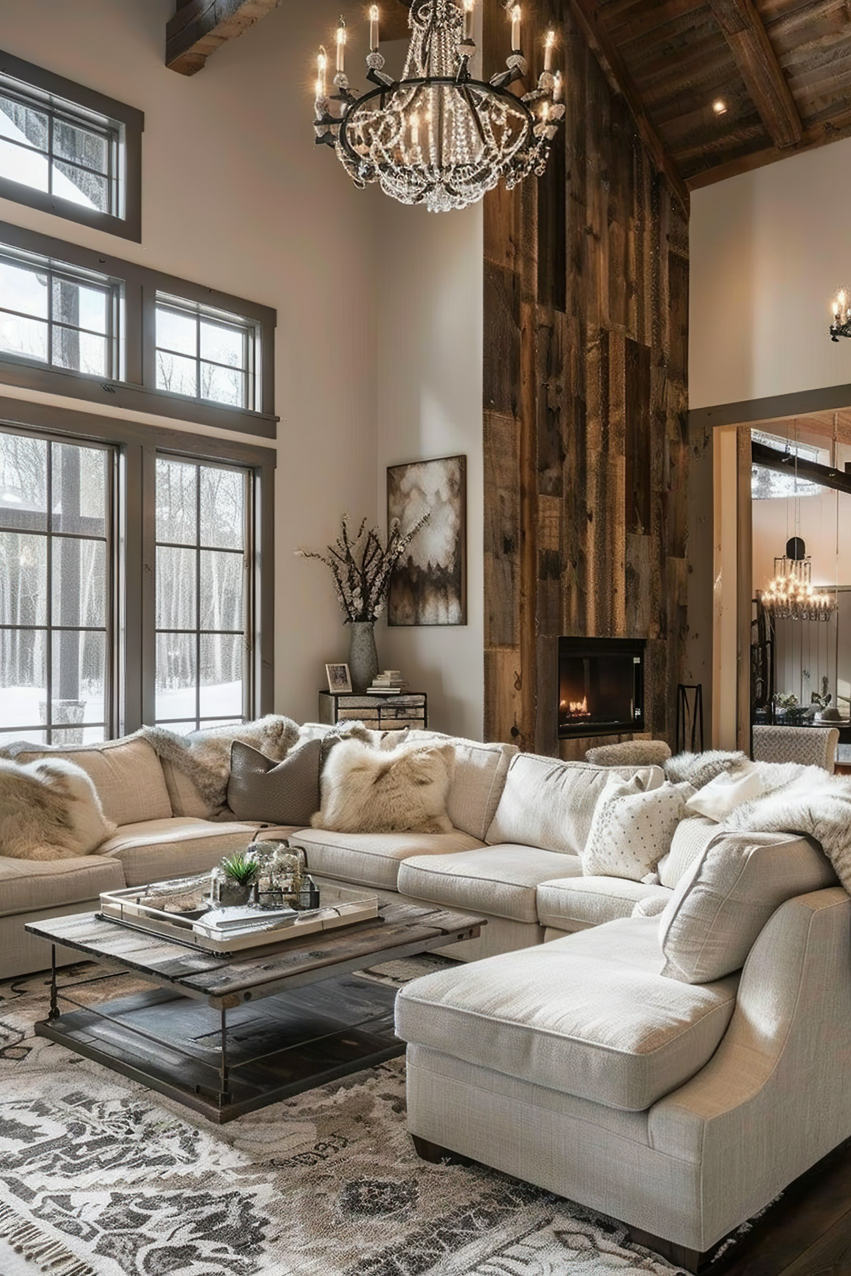 ALT: Cozy living room with a sectional sofa, elegant chandelier, rustic wood accents, and a fireplace, framed by snowy window views.