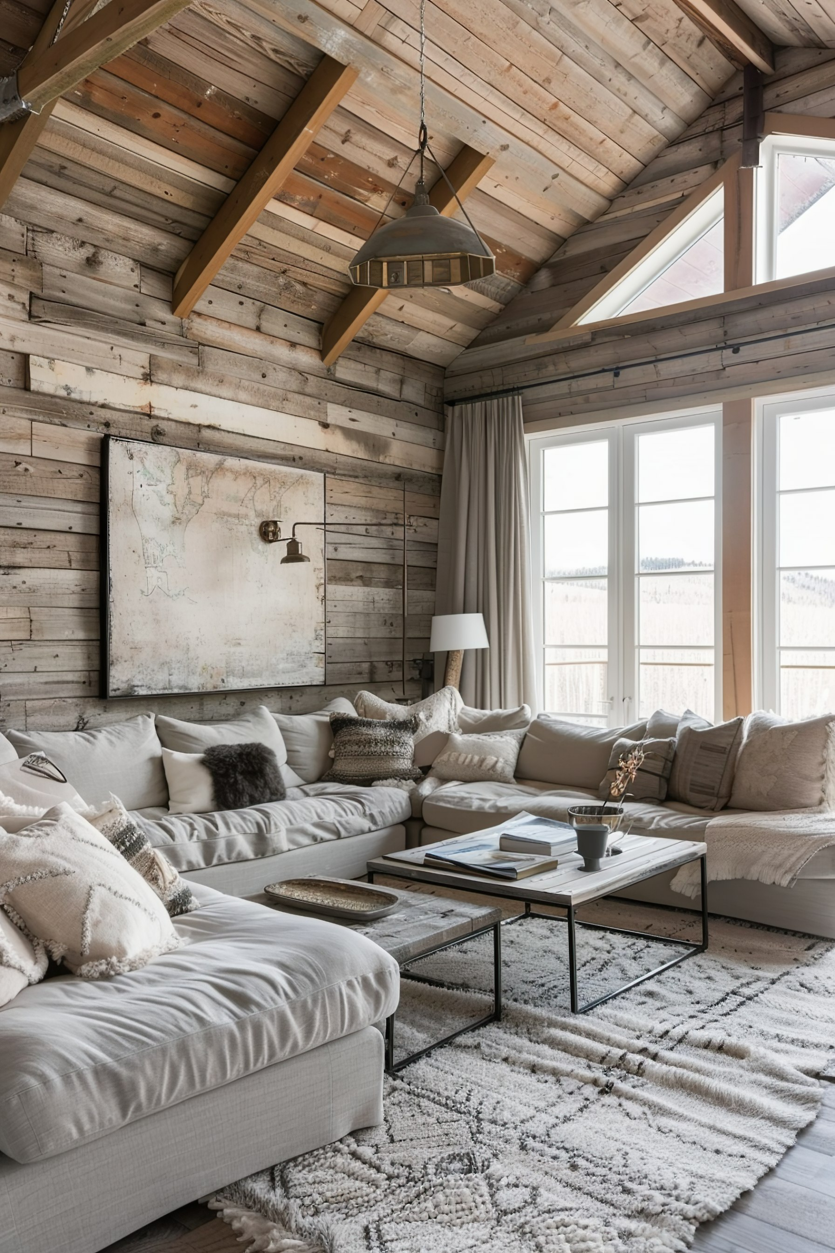 Cozy rustic living room with wooden walls, exposed beams, plush sofas, and a vintage map on the wall.