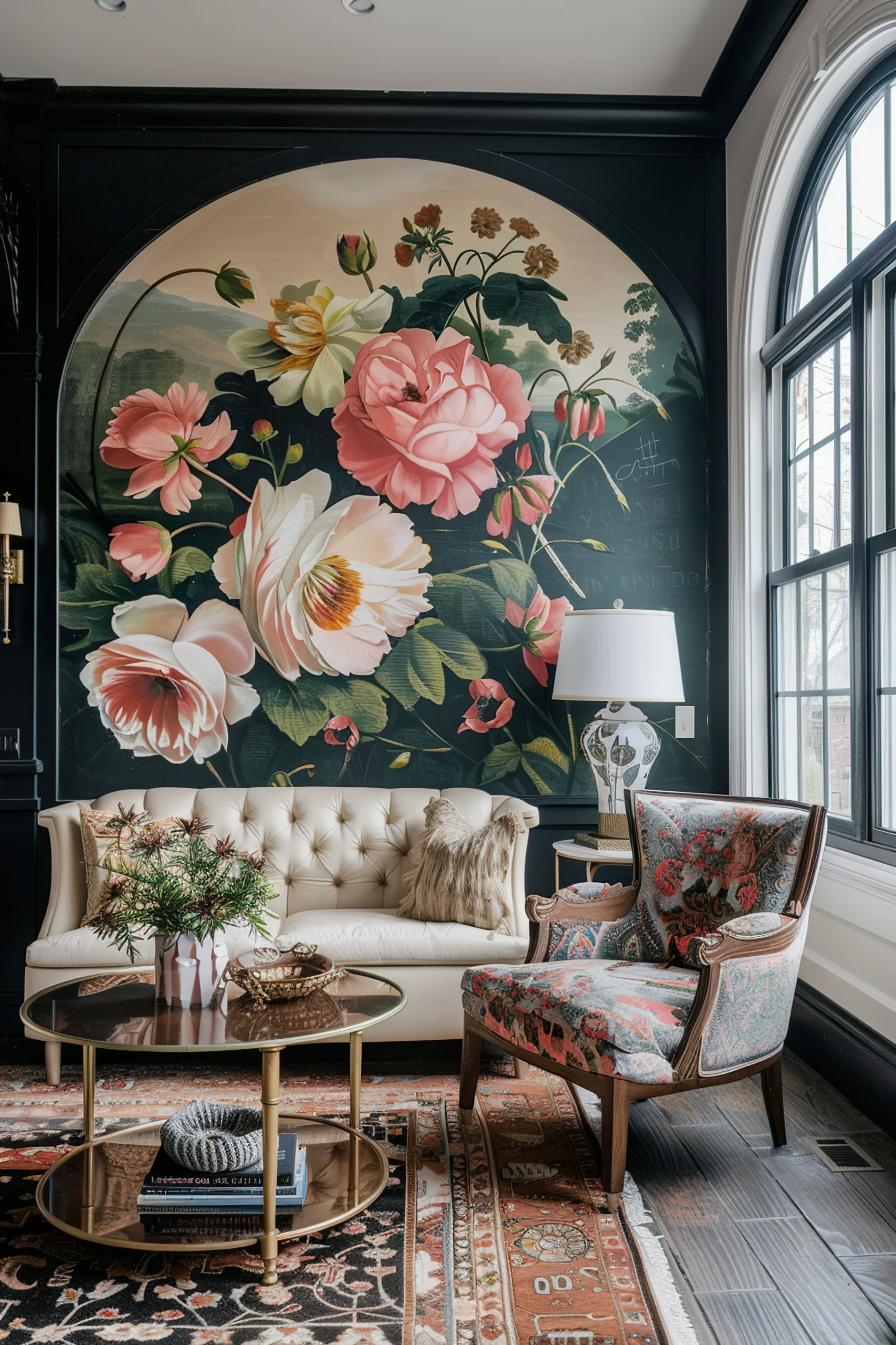 Elegant living room with a large floral mural, tufted sofa, patterned armchair, round gold coffee tables, and a traditional rug.