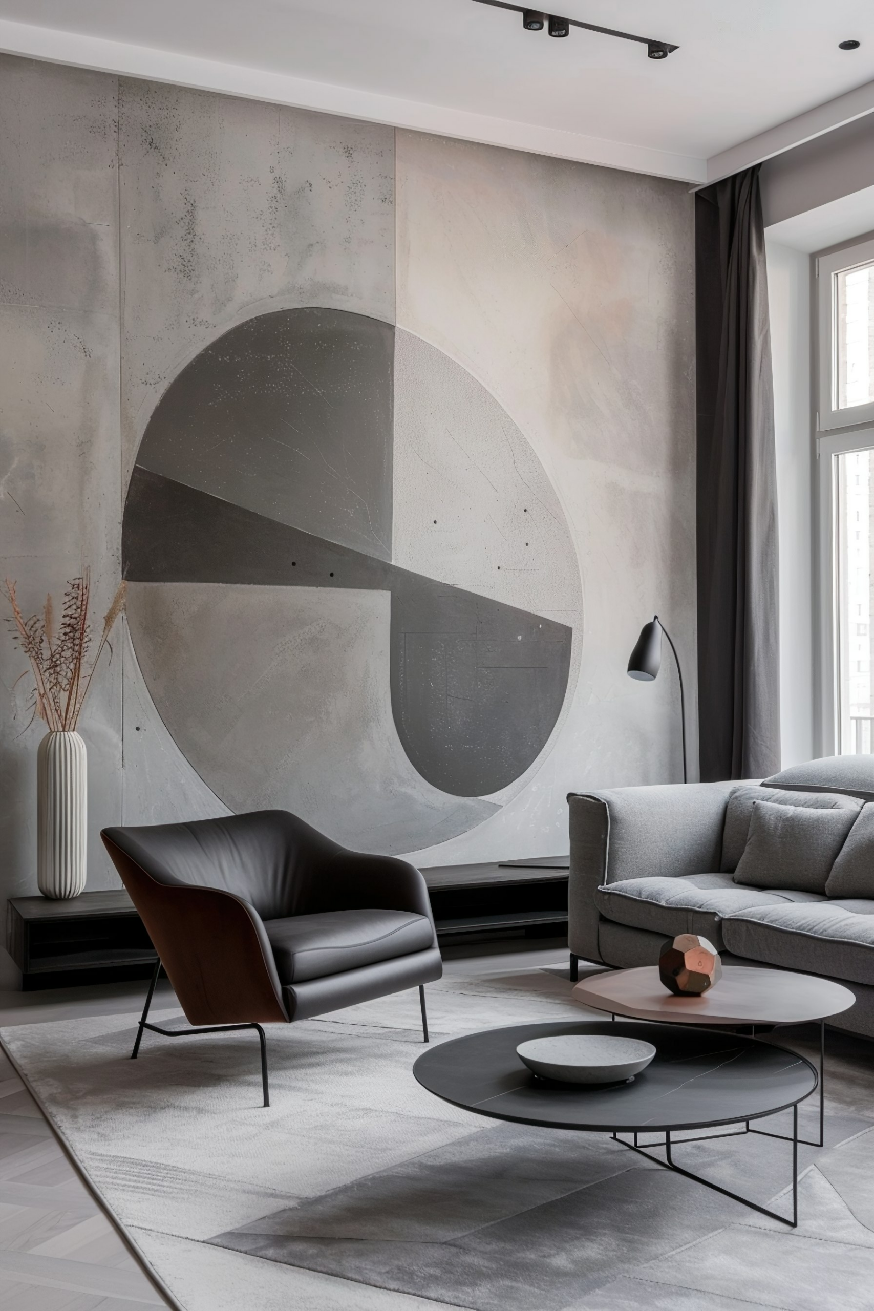 Modern living room with minimalist design, featuring a large geometric wall art, a dark grey sofa, leather armchair, and round coffee tables.