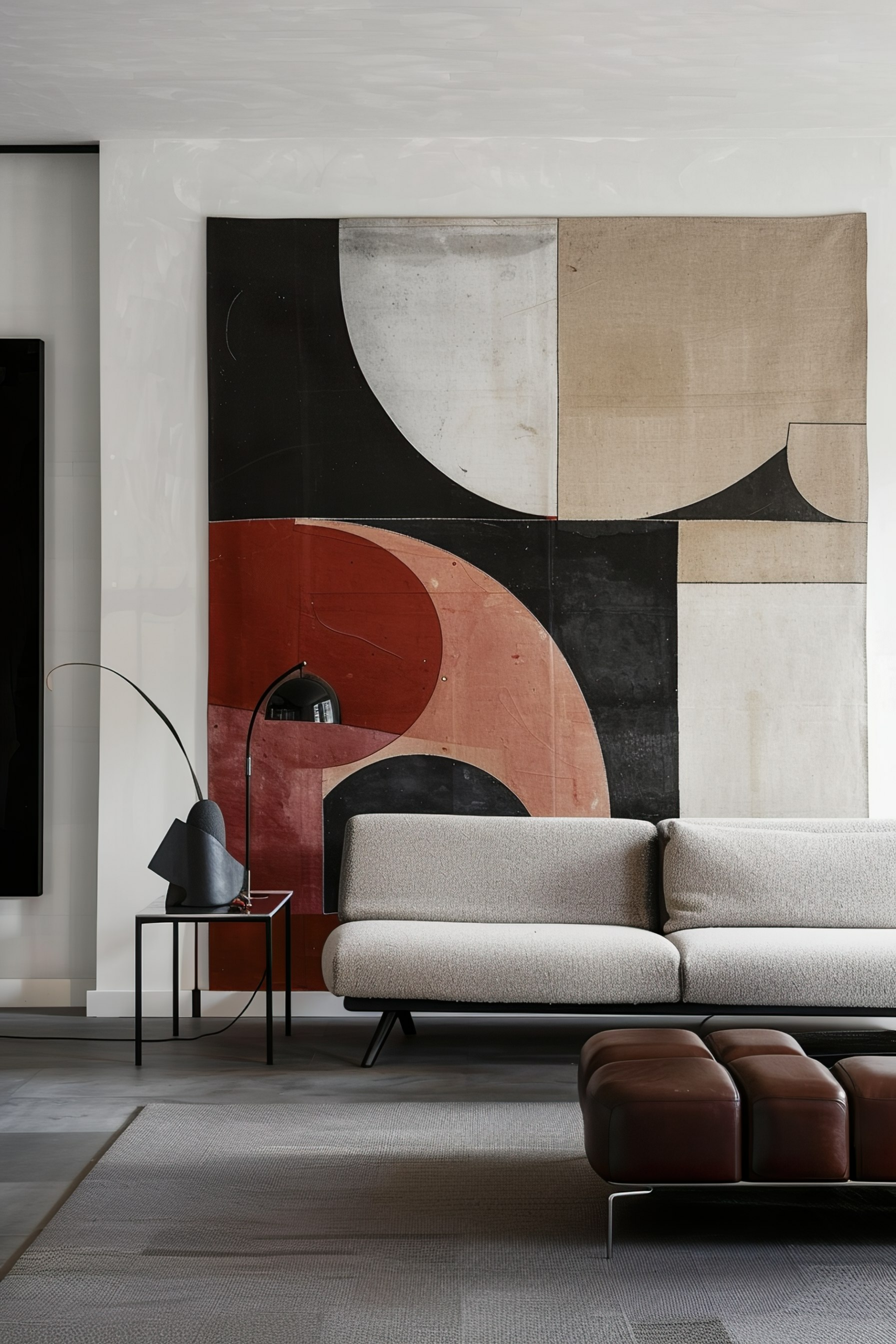 Modern living room with a minimalist sofa, abstract wall art, and a sleek floor lamp on a side table.