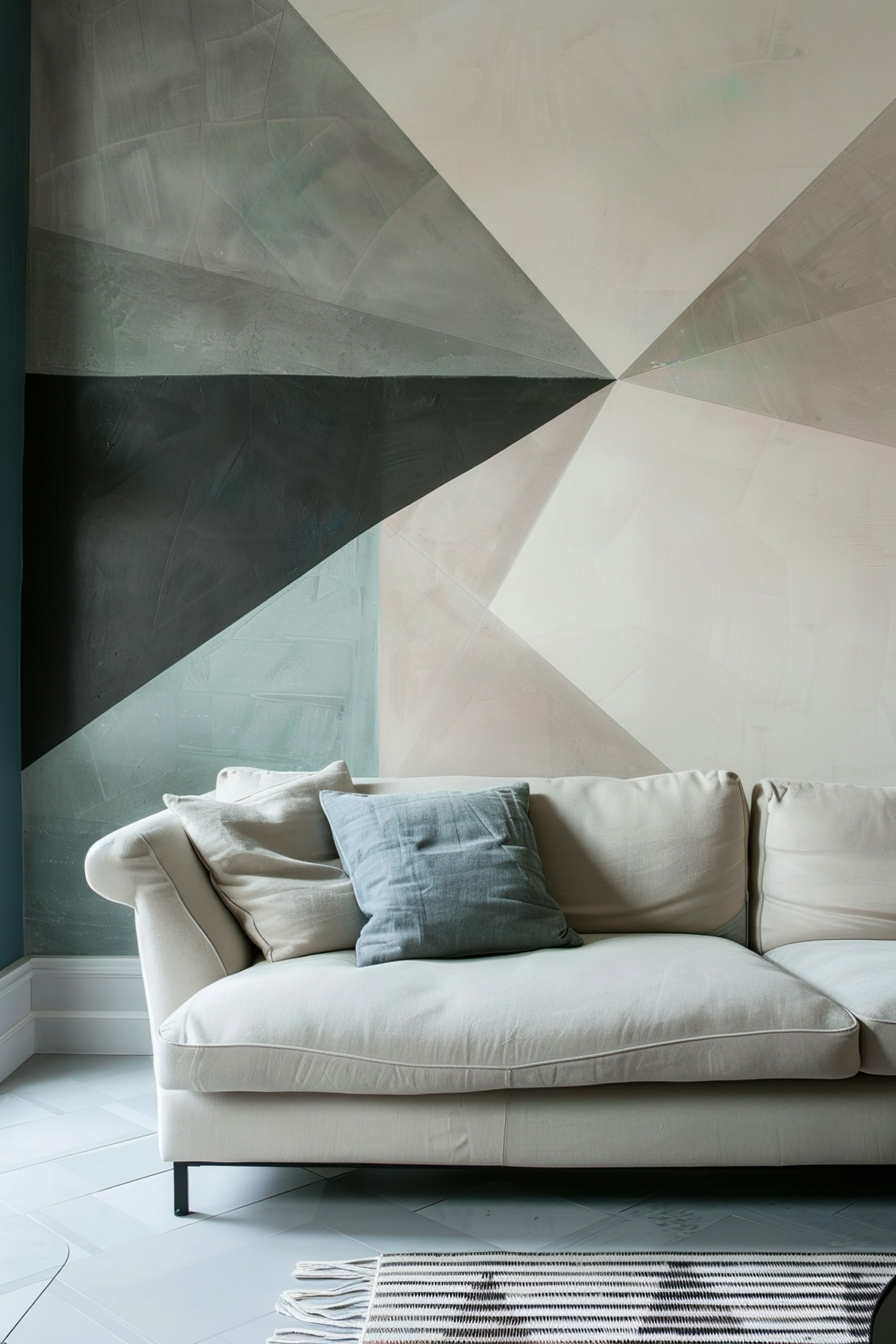 A modern living room featuring a beige couch with cushions against a geometric patterned wall in shades of black, grey, and white.