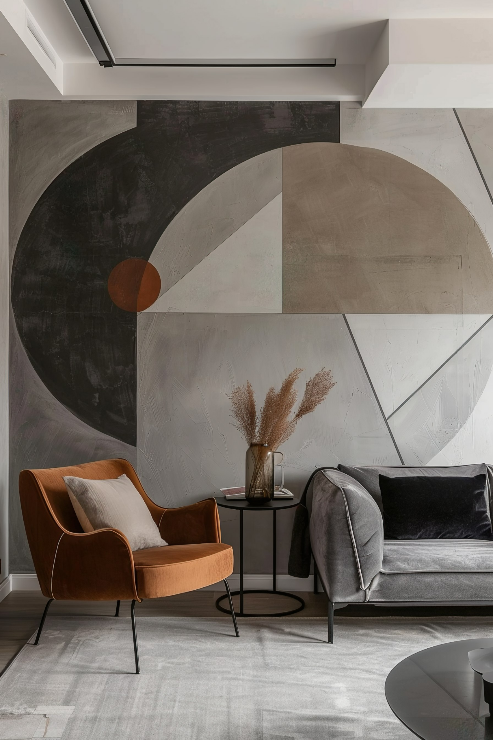 Modern living room with geometric wall art, a velvet orange armchair, gray sofa, and decorative pampas grass on side table.