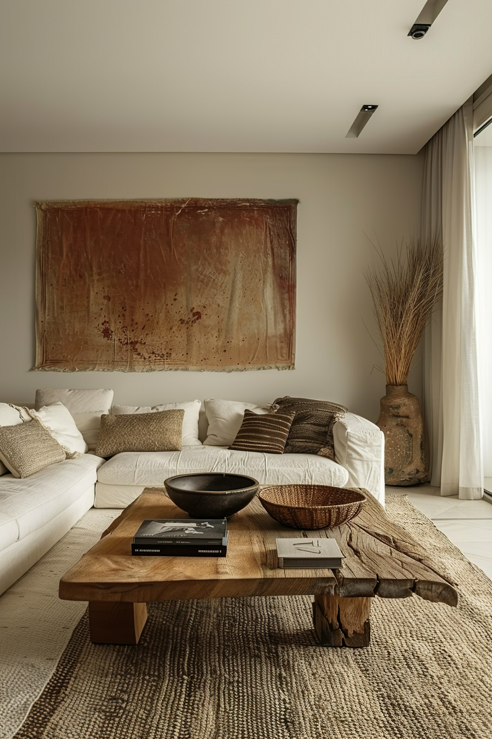 A cozy living room with a large abstract painting above a white sofa, wooden table, decorative bowls, and a tall vase with dried grass.