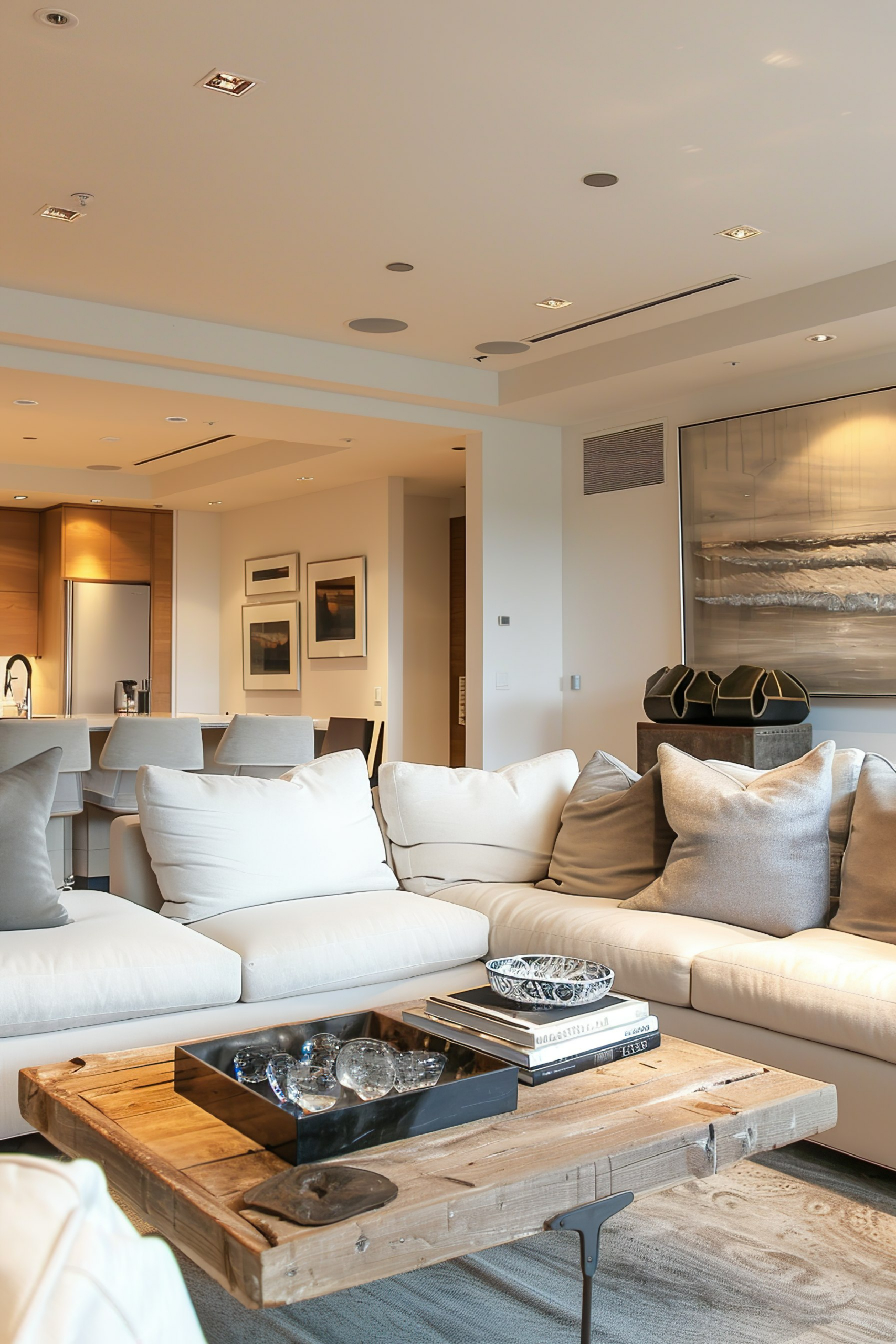 Modern living room with white sofas, rustic wooden coffee table, and an open kitchen in the background.